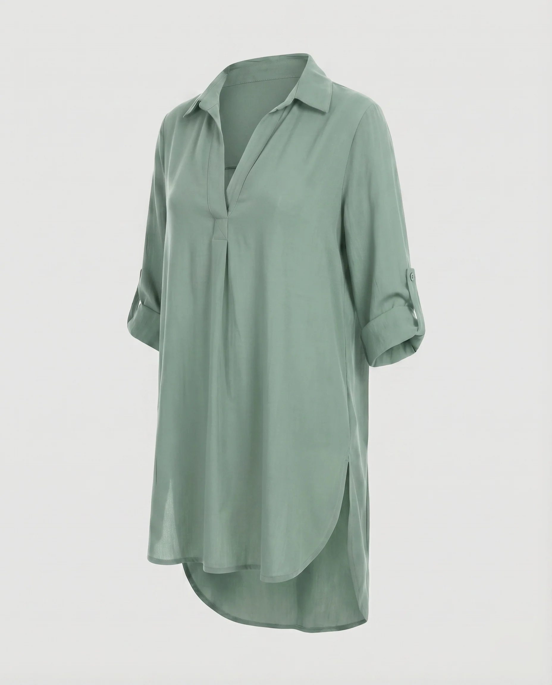 Damen Tunika-Hemdkleid Krempelärmel Seitenschlitze Rückensaum verlängert - Image 8