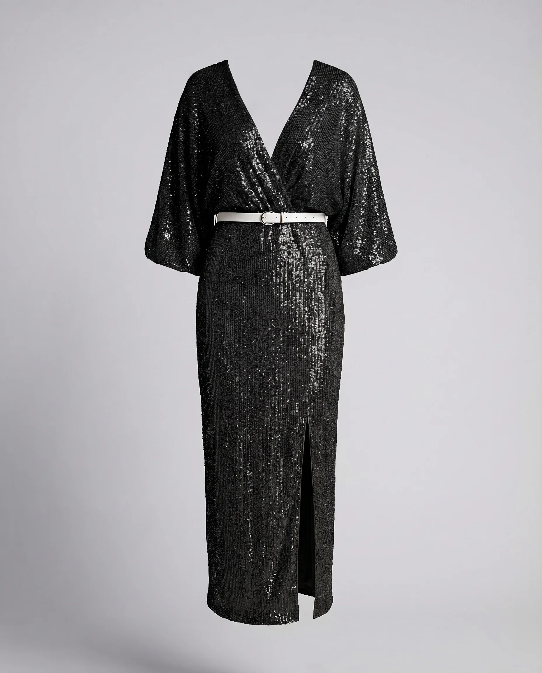 Damen Pailletten-Abendkleid Fledermausärmel Beinschlitz V-Ausschnitt - Image 7