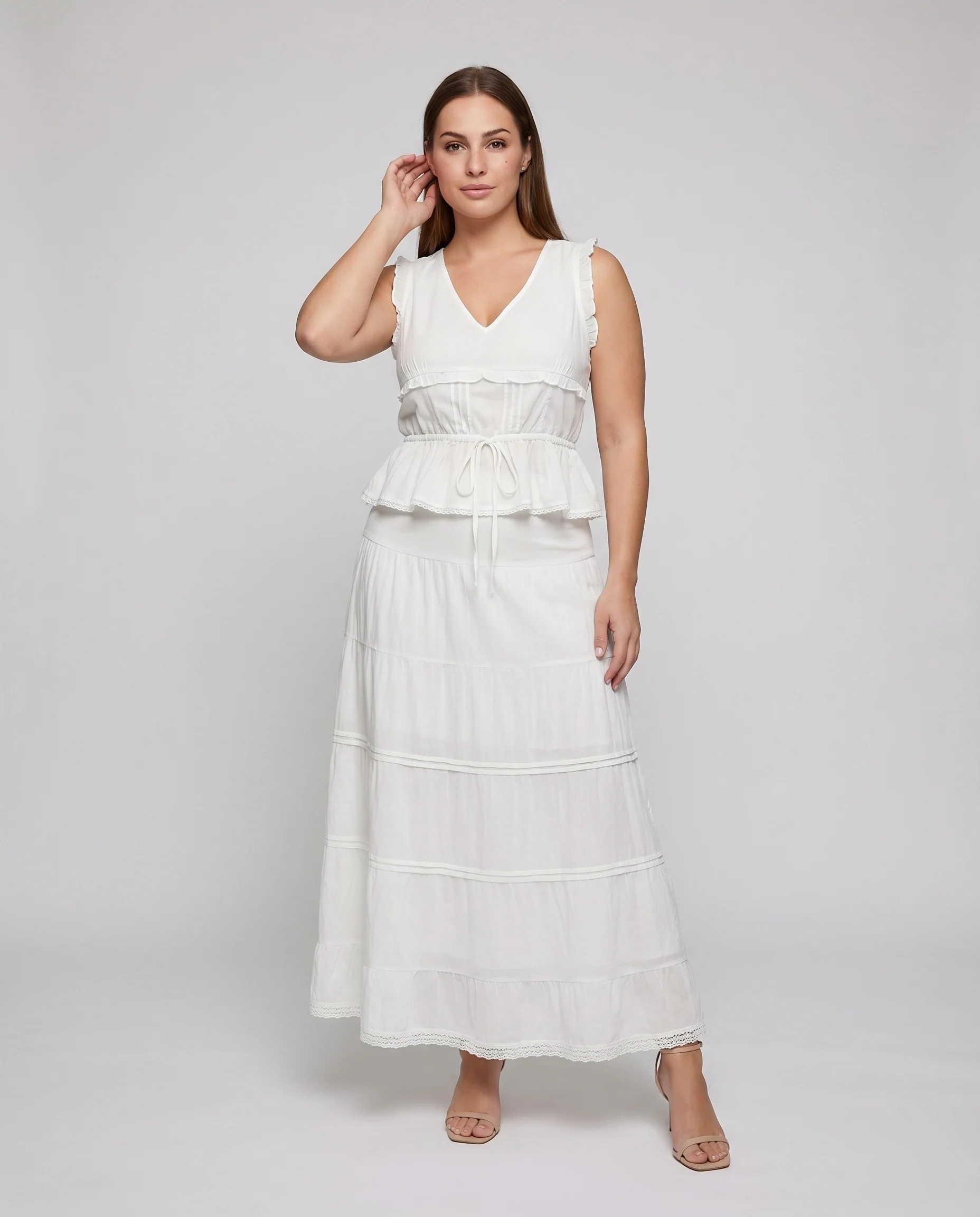 Damen Midaxi-Kleid Peplum-Volant Unterbrustnaht Stufenrock