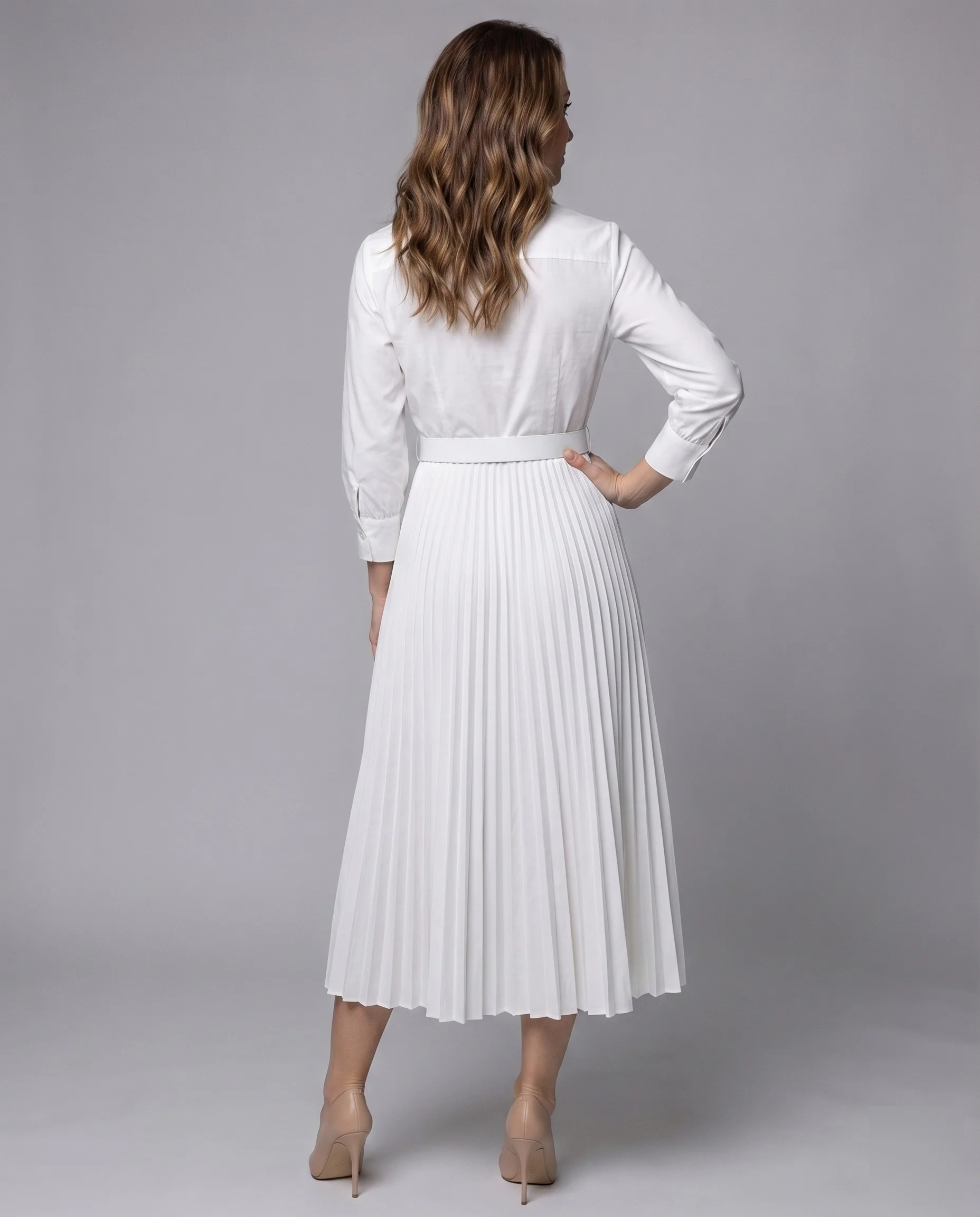 Damen Plissiertes Hemdkleid Taillengürtel Manschettenärmel - Image 4