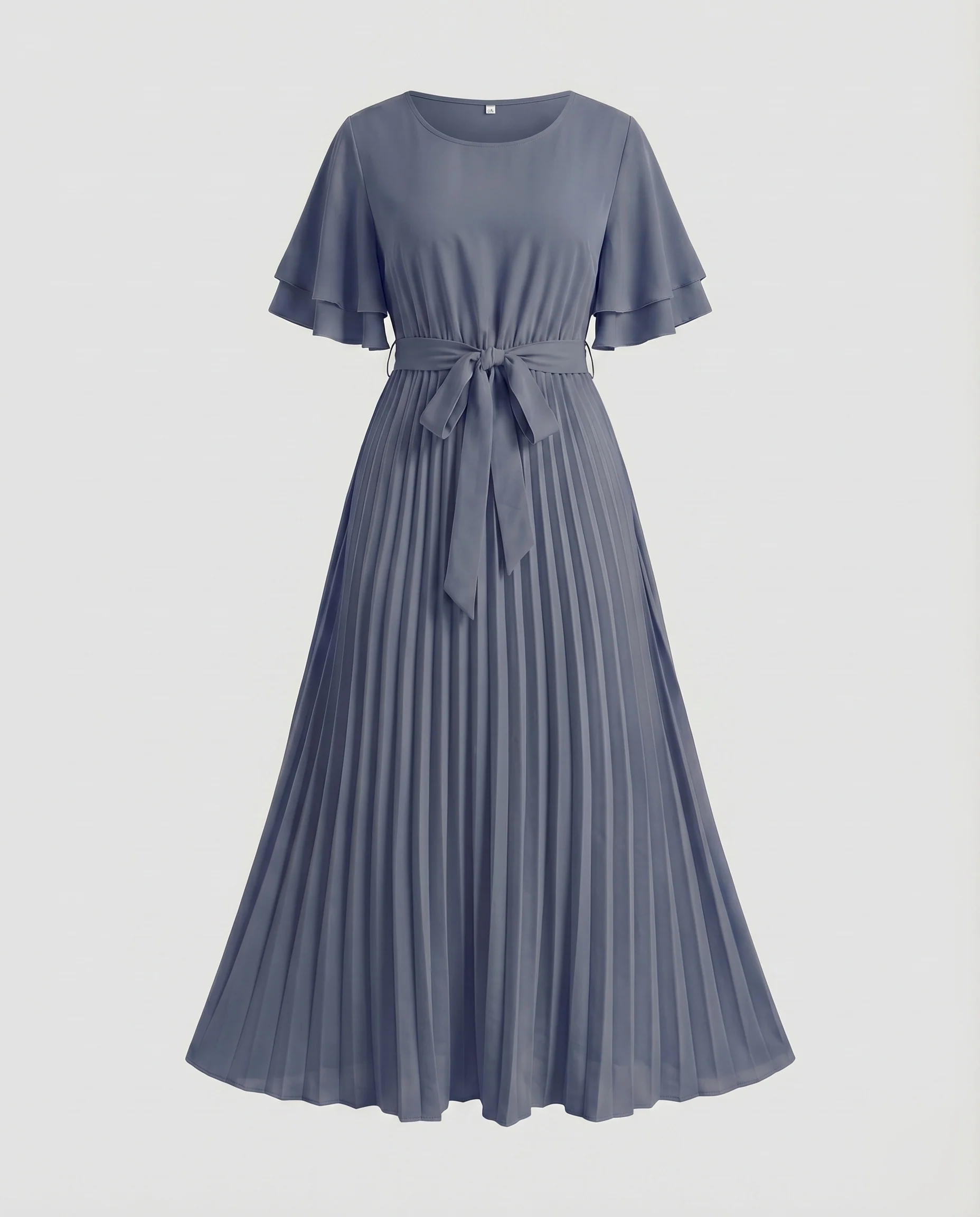 Damen Plissiertes Maxikleid Taillengürtel U-Boot-Ausschnitt Volantärmel - Image 8