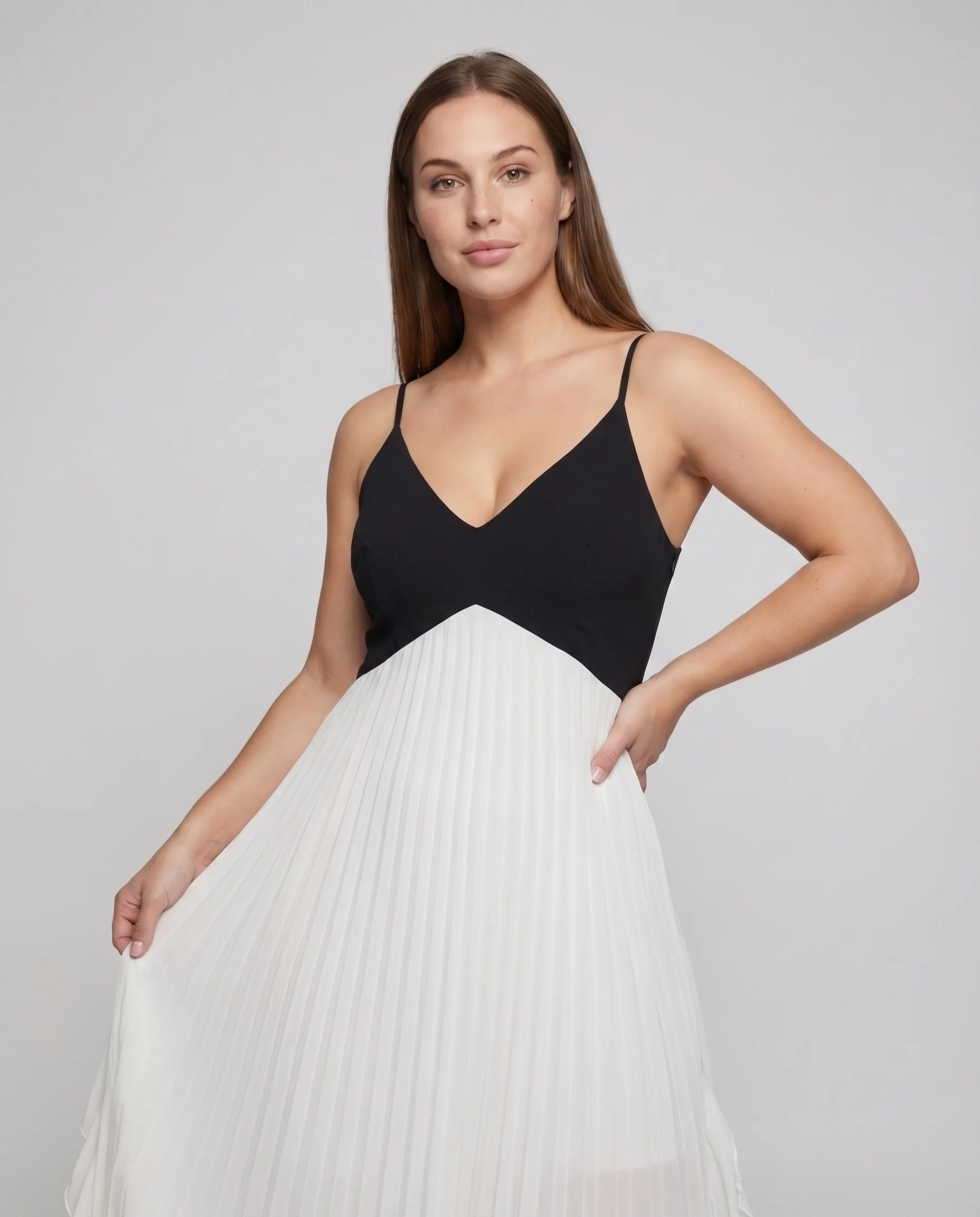 Damen Plissiertes Maxikleid V-Ausschnitt Spaghettiträger Fließend - Image 2