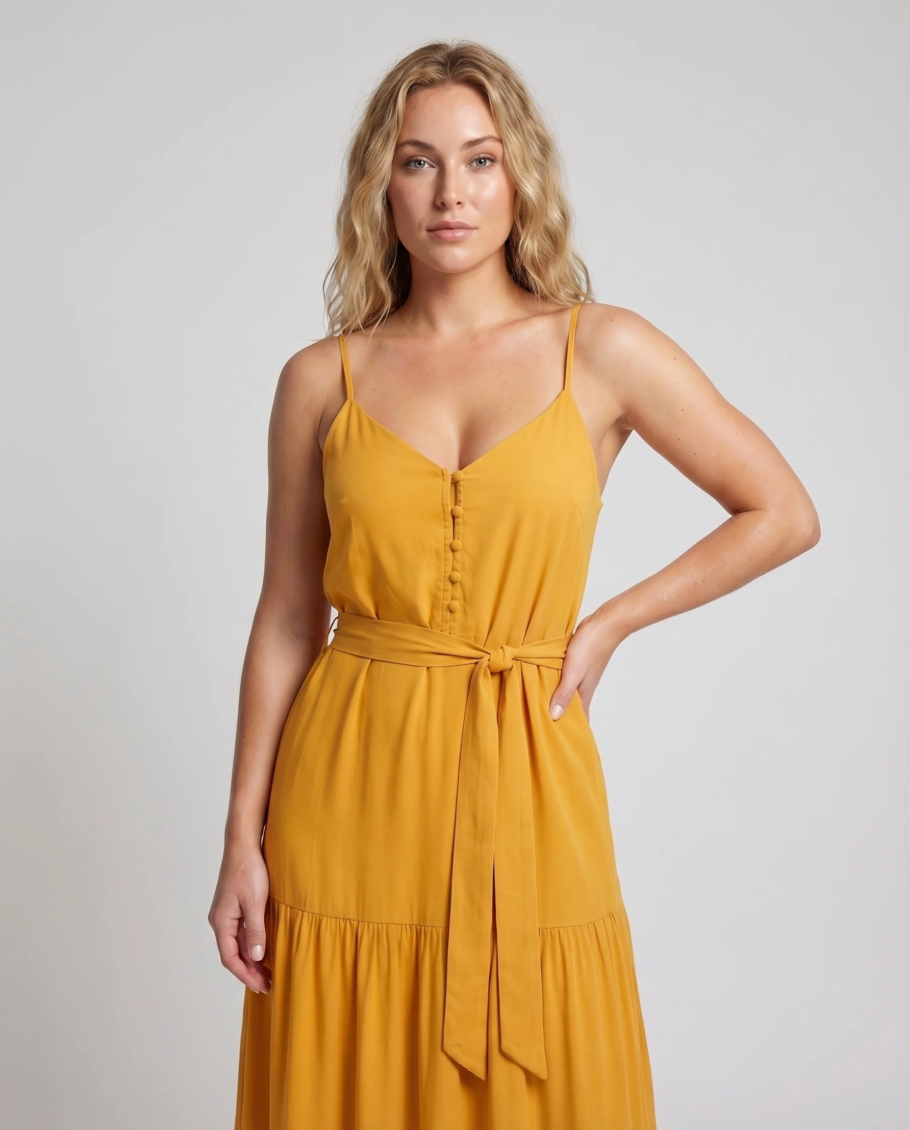 Damen Moderne Taillierender Bindegürtel Mischgewebe Lagen-Maxikleid - Image 2