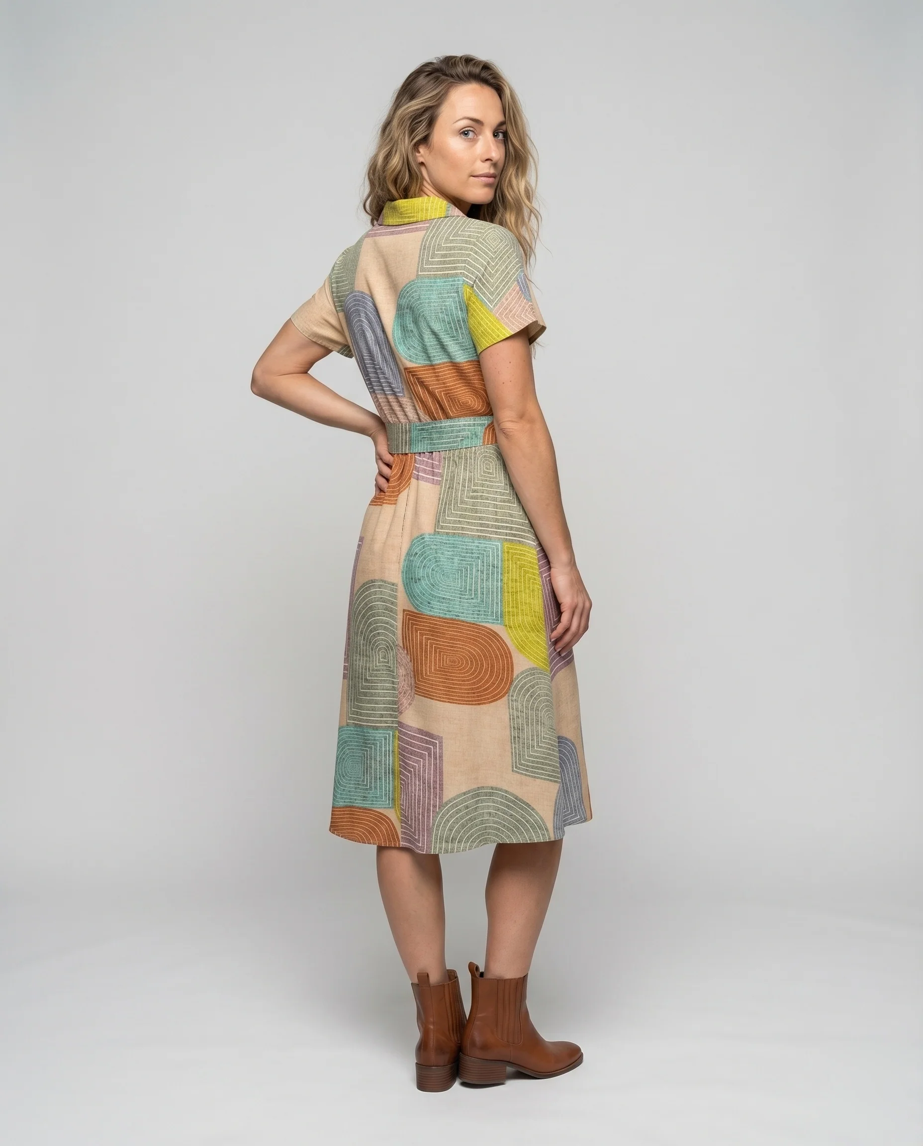 Damen Hemdkleid Geometrisches Muster Bindegürtel Leinenoptik - Image 4