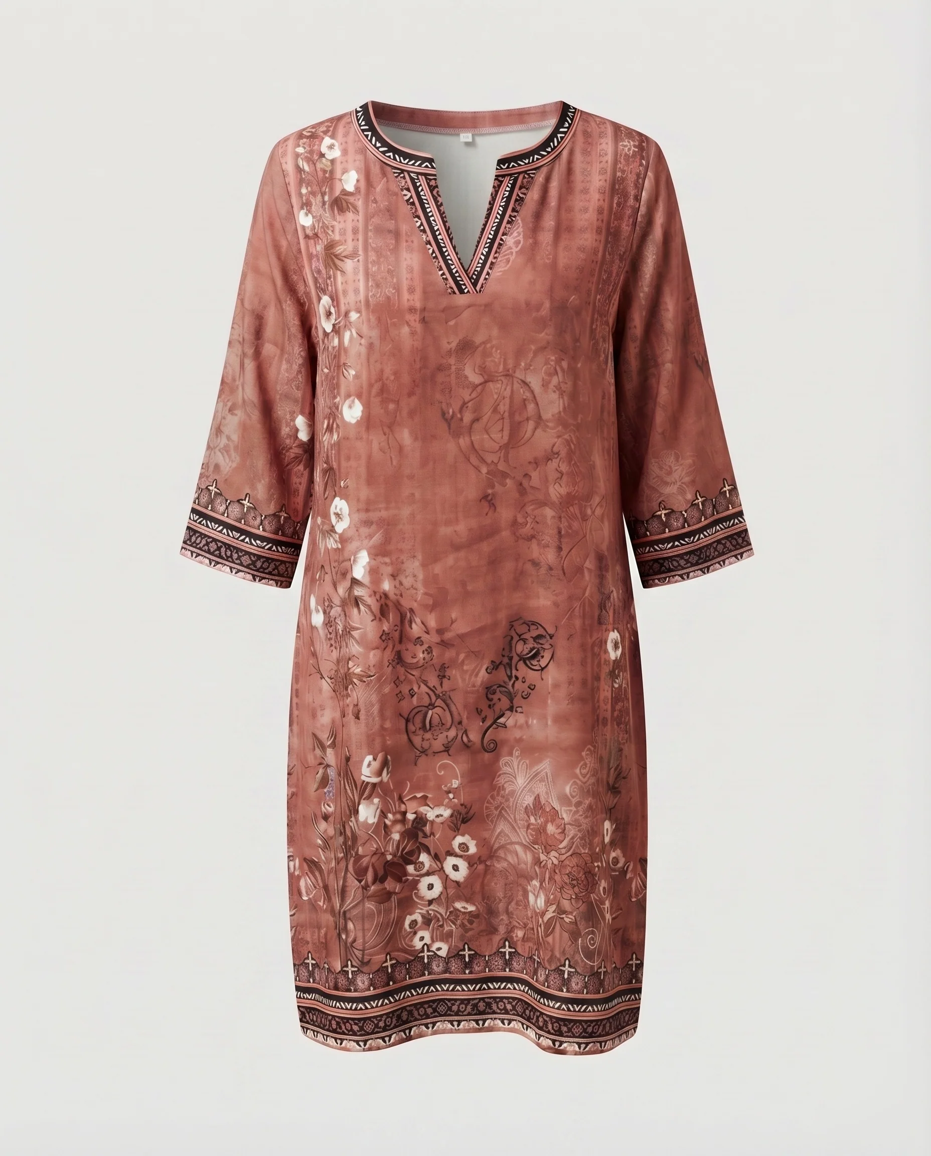 Damen Ethnische Floraler Alloverprint Mischgewebe Tunika-Midikleid - Image 6