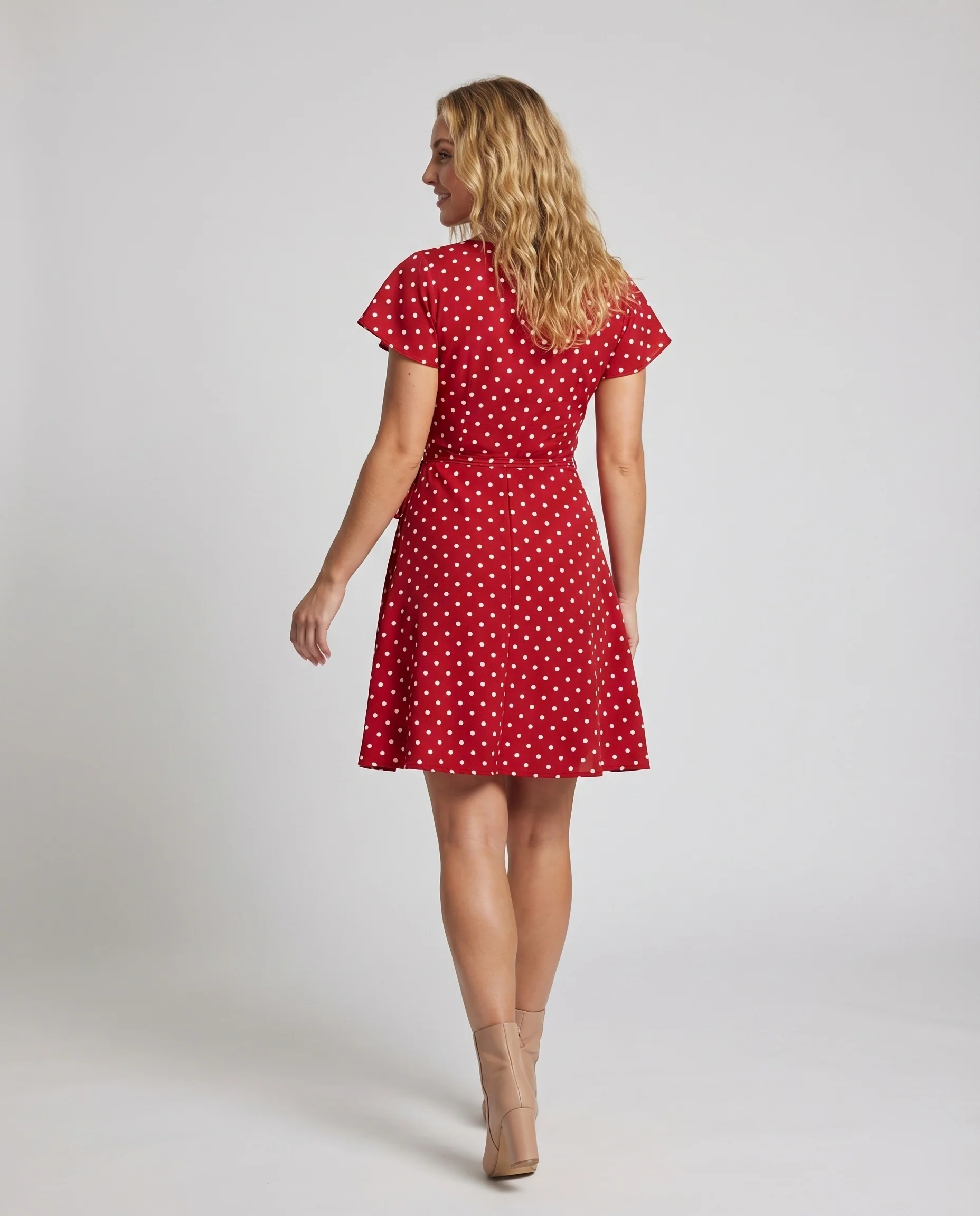 Damen Retro-Punktkleid Wickeloptik Tellerrock V-Ausschnitt - Image 4