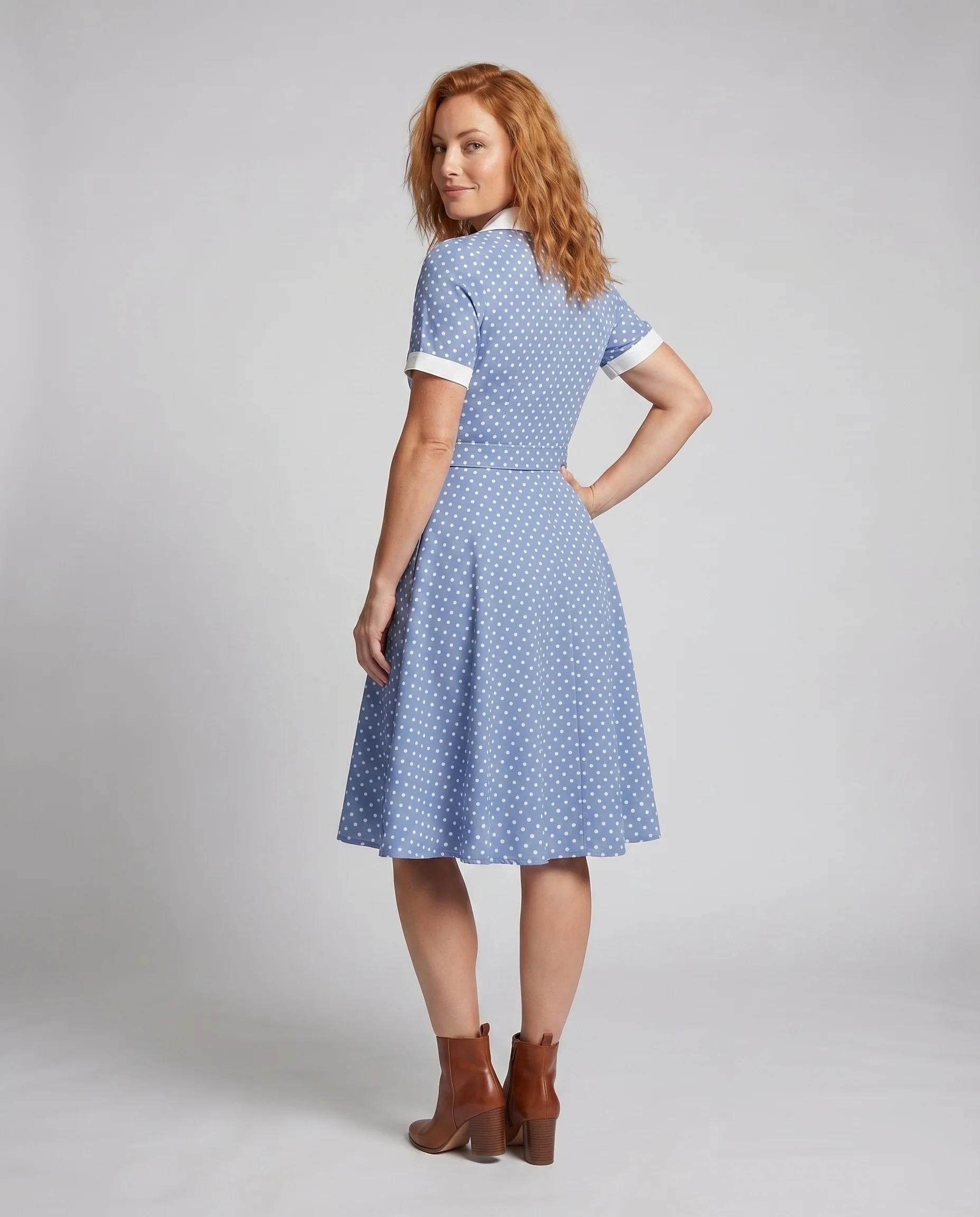 Damen Retro-Swingkleid Tellerrock Kontrastkragen Gürtel - Image 4