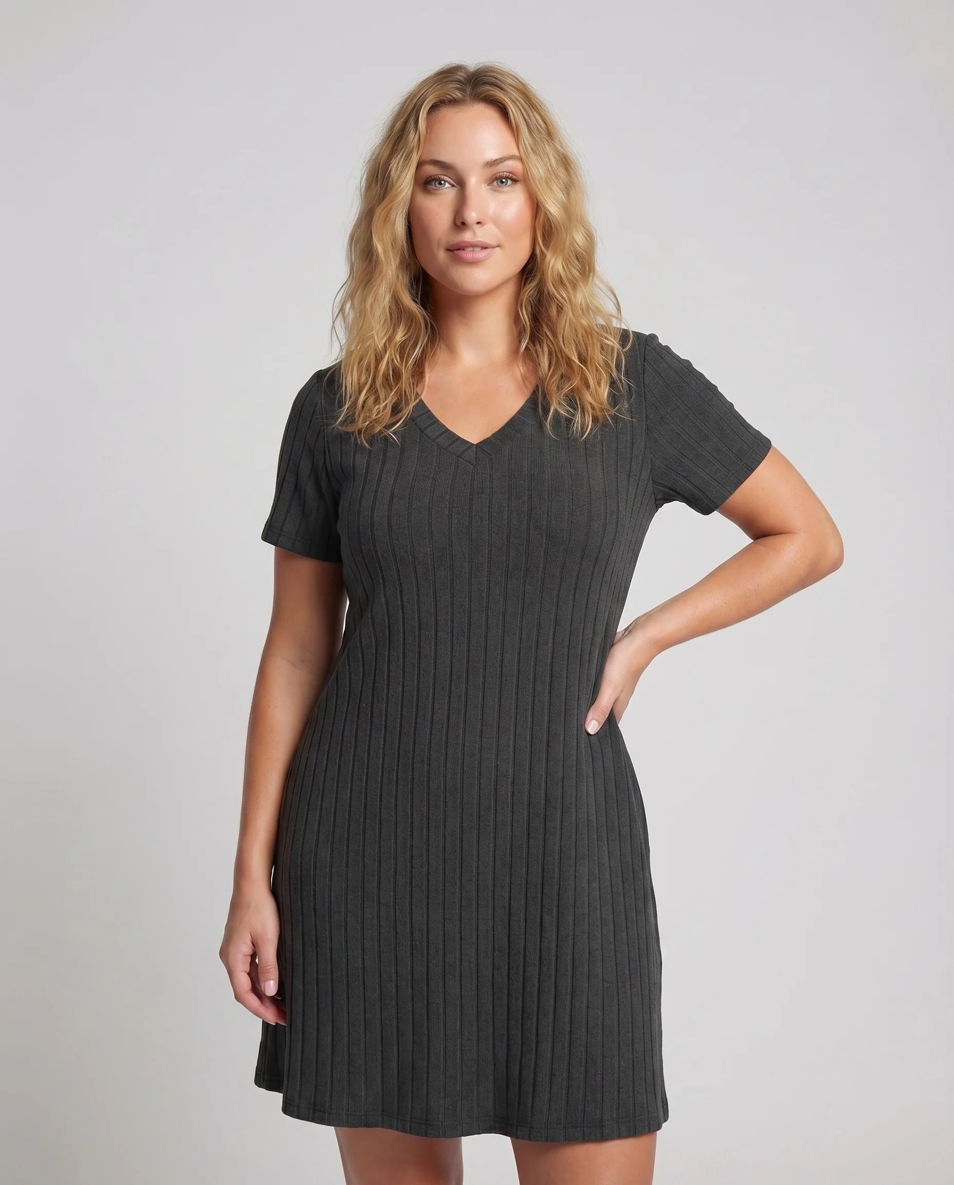 Damen Rippstrick-Kurzarmkleid V-Ausschnitt Ausgestellter Rock Tailliert - Image 2
