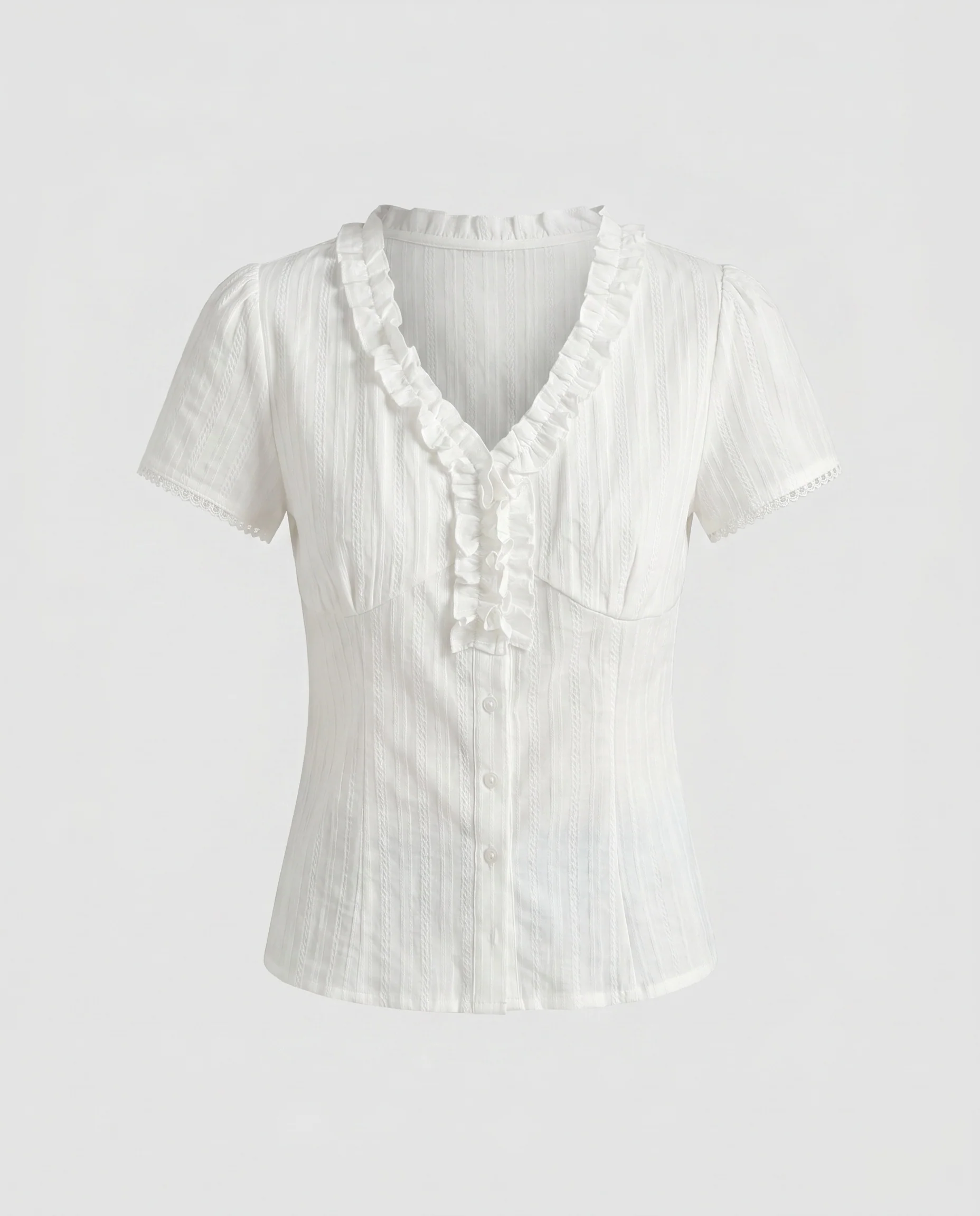 Damen nan romantische Bluse aus strukturiertem Baumwollmix mit V-Ausschnitt, Rüschenkragen und Spitzenärmeln - Image 5