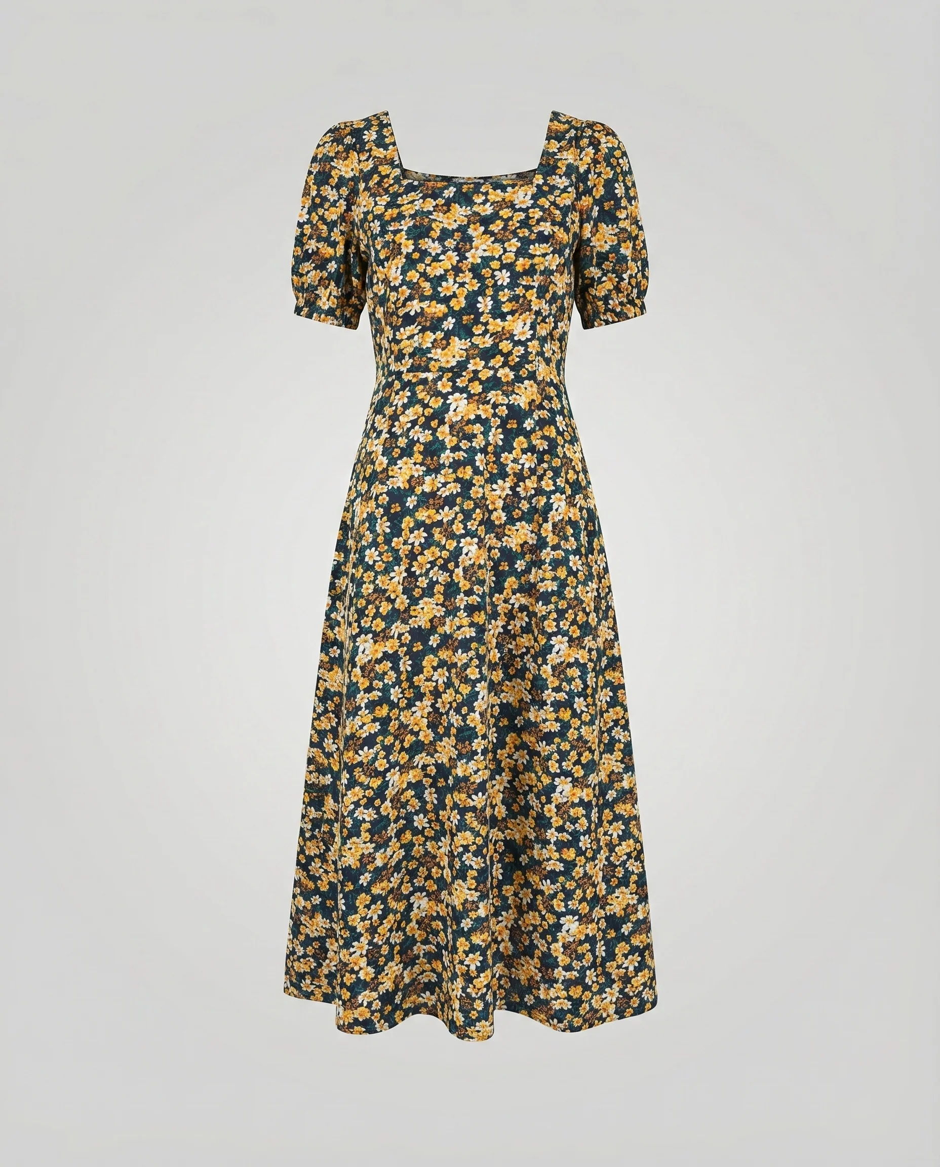 Damen Blumen-Midikleid Ballonärmel Tellerrock Einschubtaschen - Image 4