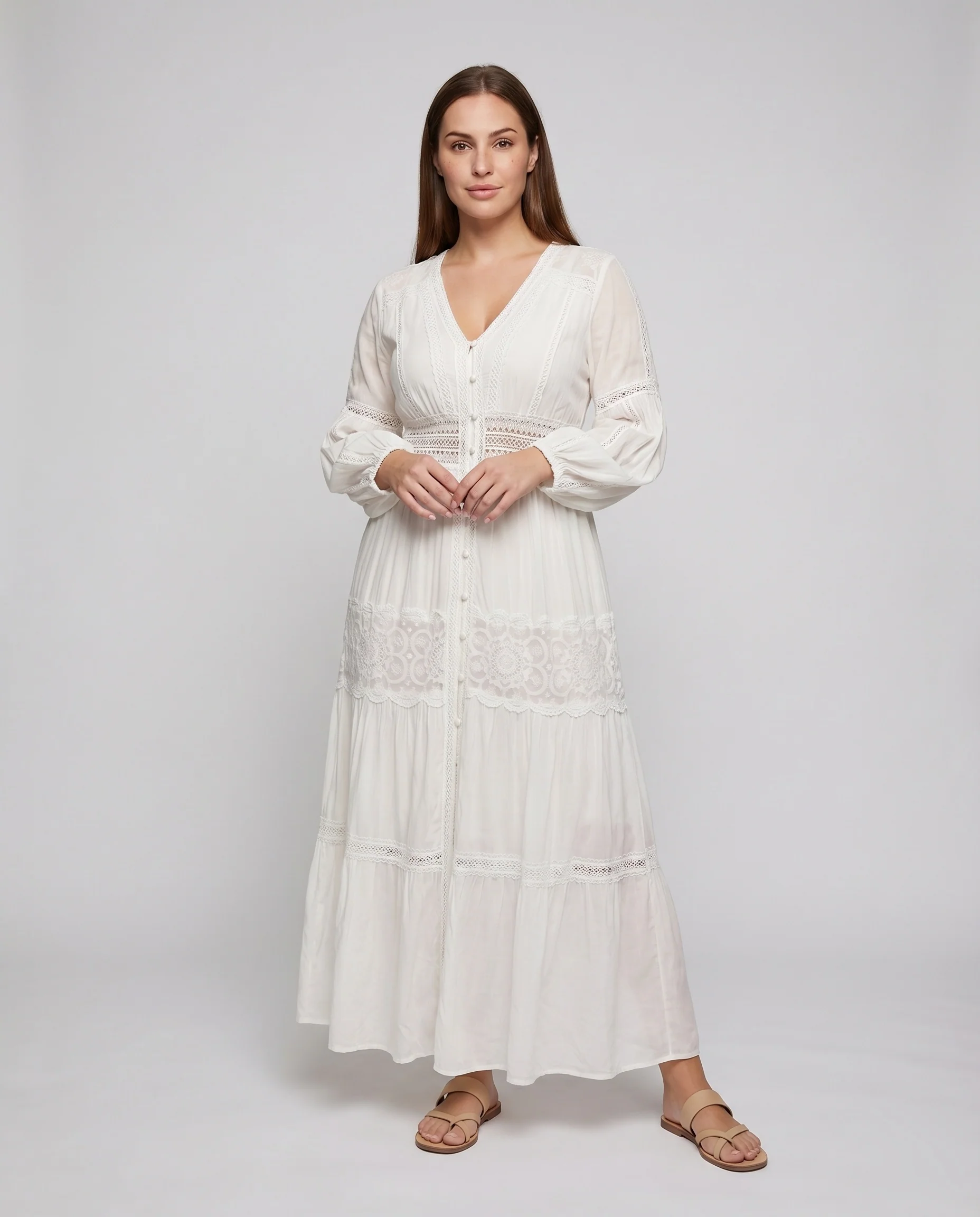 Damen Romantik-Lagenkleid Häkelbordüren Ballonärmel Baumwollvoile