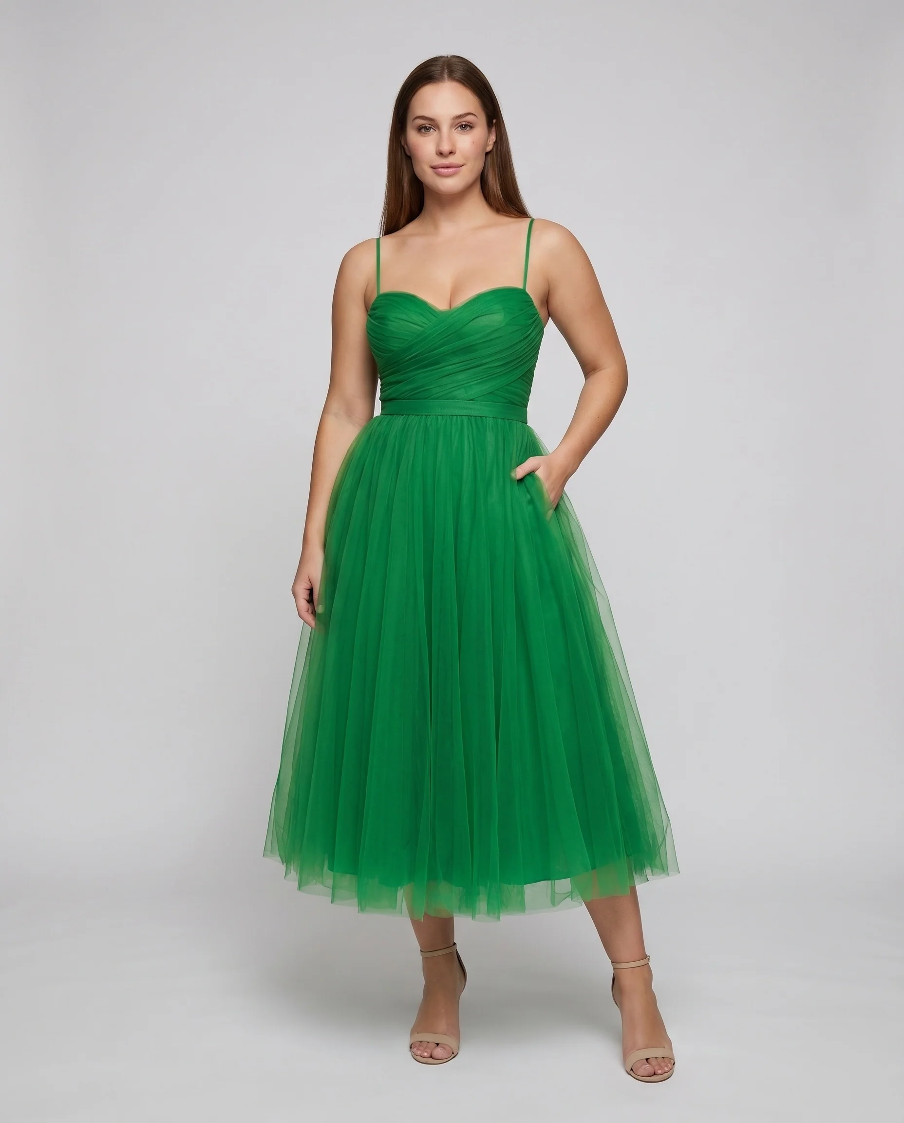 Damen Tüll-Midikleid Herzausschnitt Gerafftes Mieder