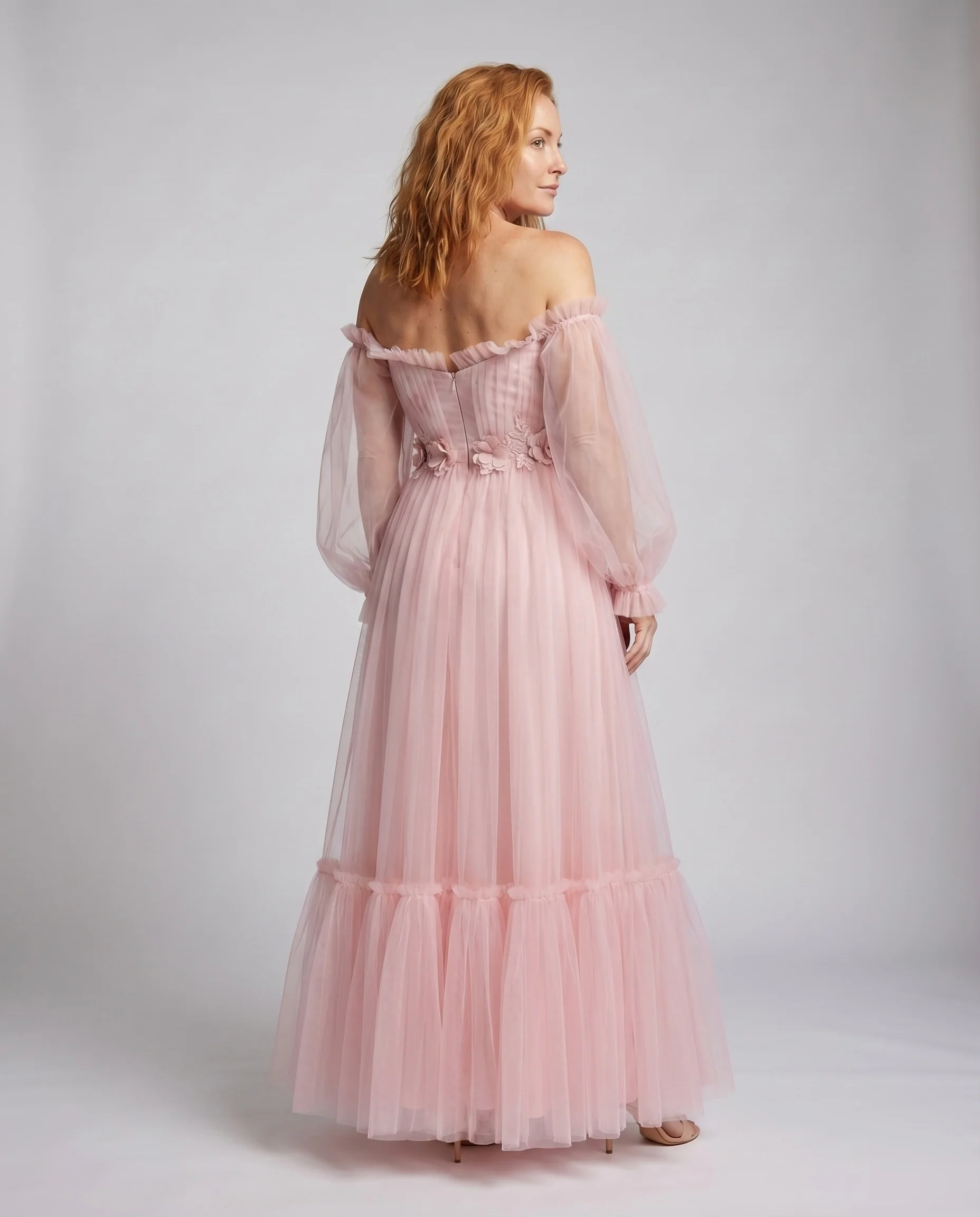 Damen Off-Shoulder Festkleid Tüll Ballonärmel Volants - Image 4