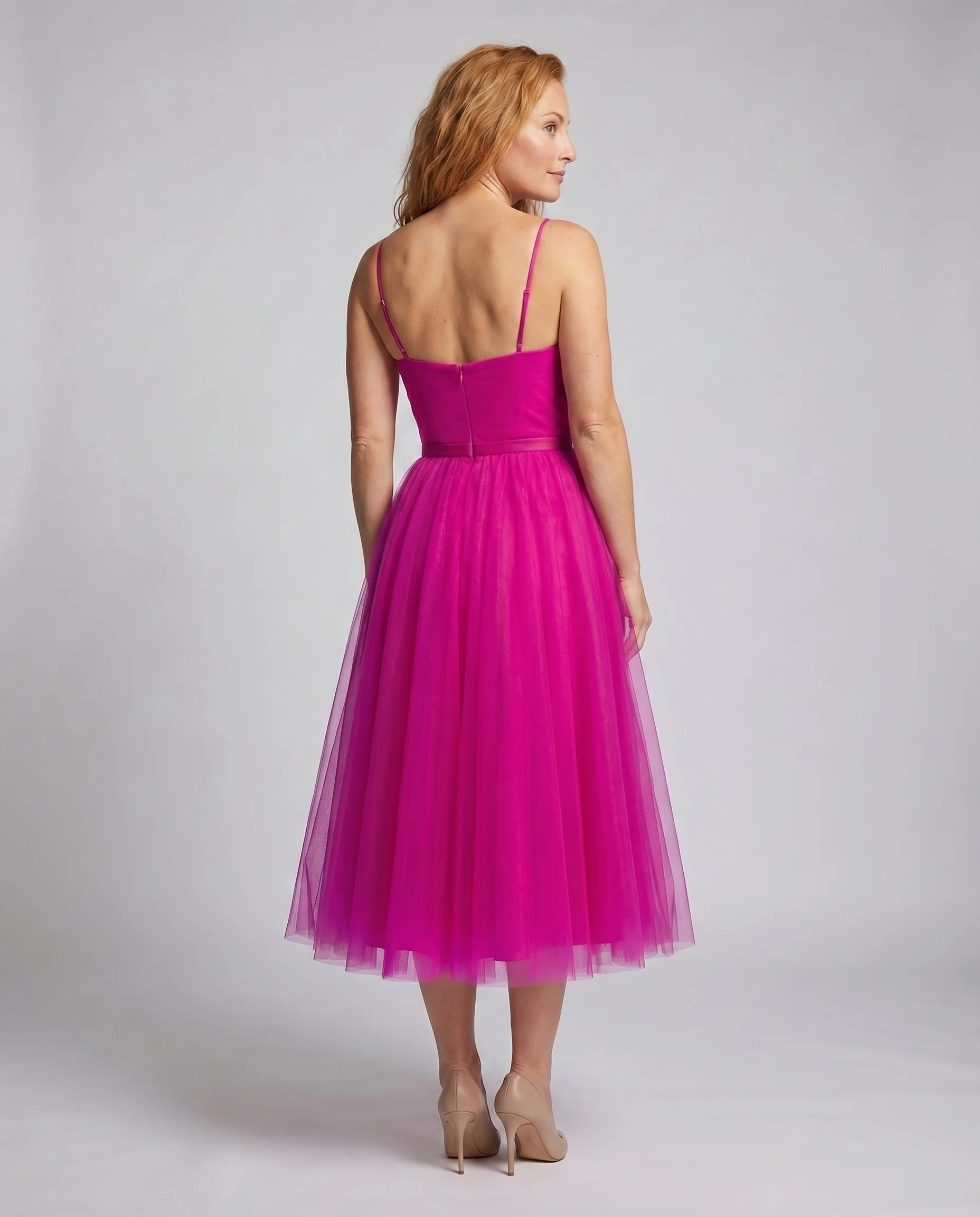 Damen Tüll-Midikleid Herzausschnitt Glockenrock Gerafft - Image 4