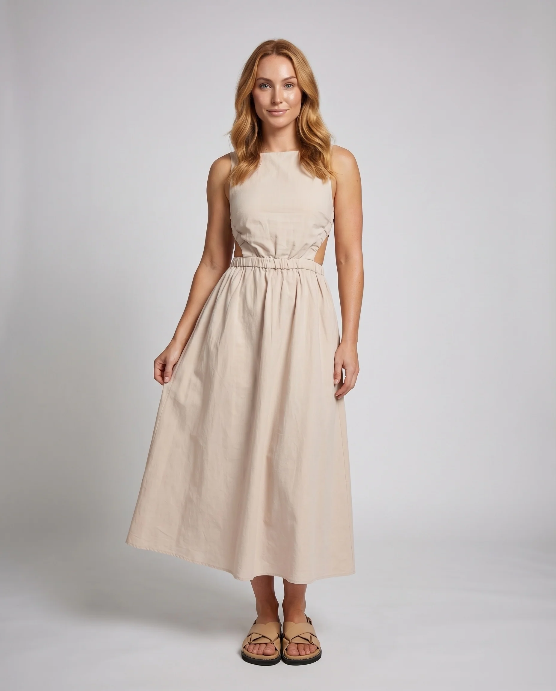 Damen Midikleid Leinenlook Geraffte Träger Elastische Taille