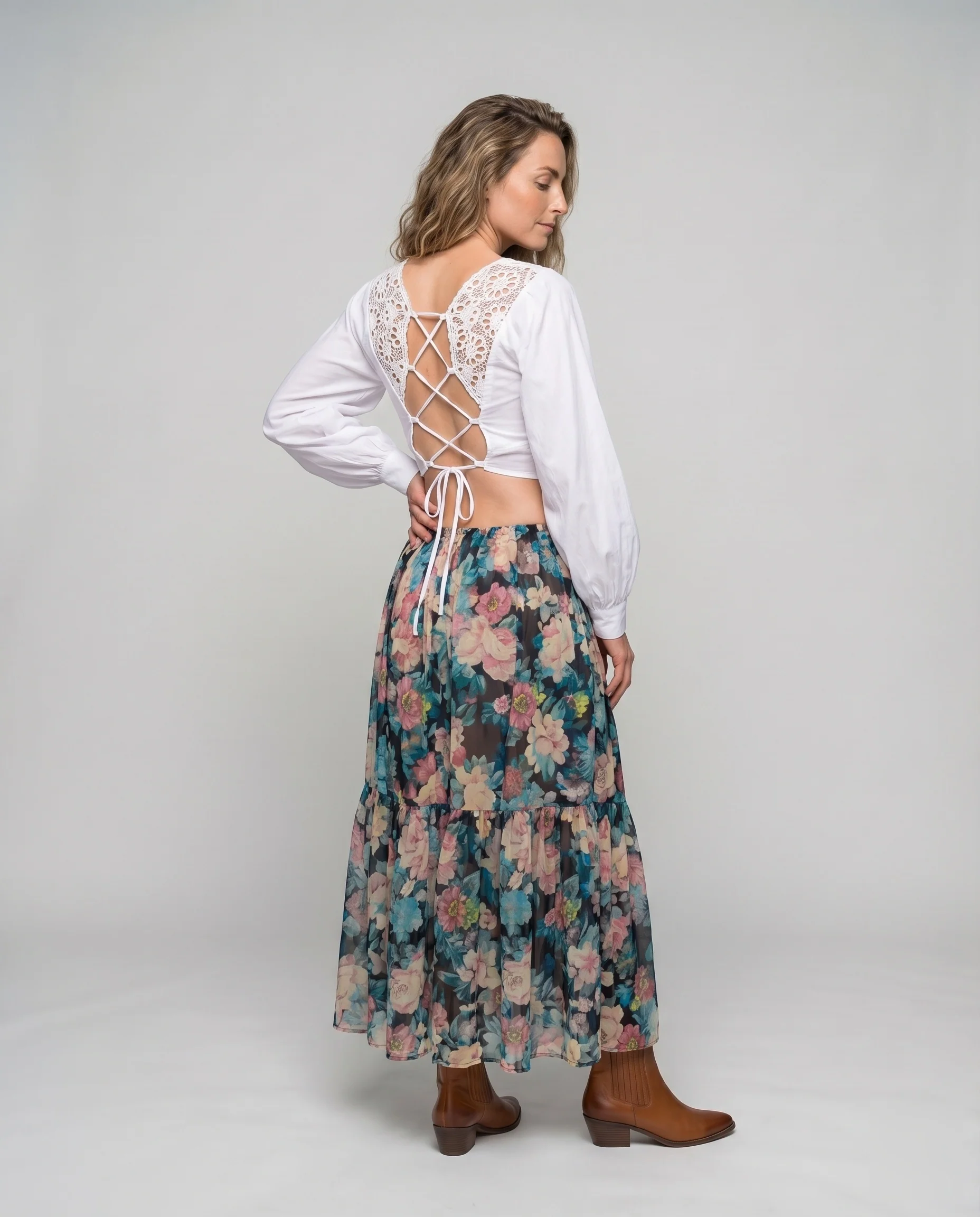Damen Spitzen-Blusen-Top Schnürdetail Ballonärmel Rückenfrei - Image 4