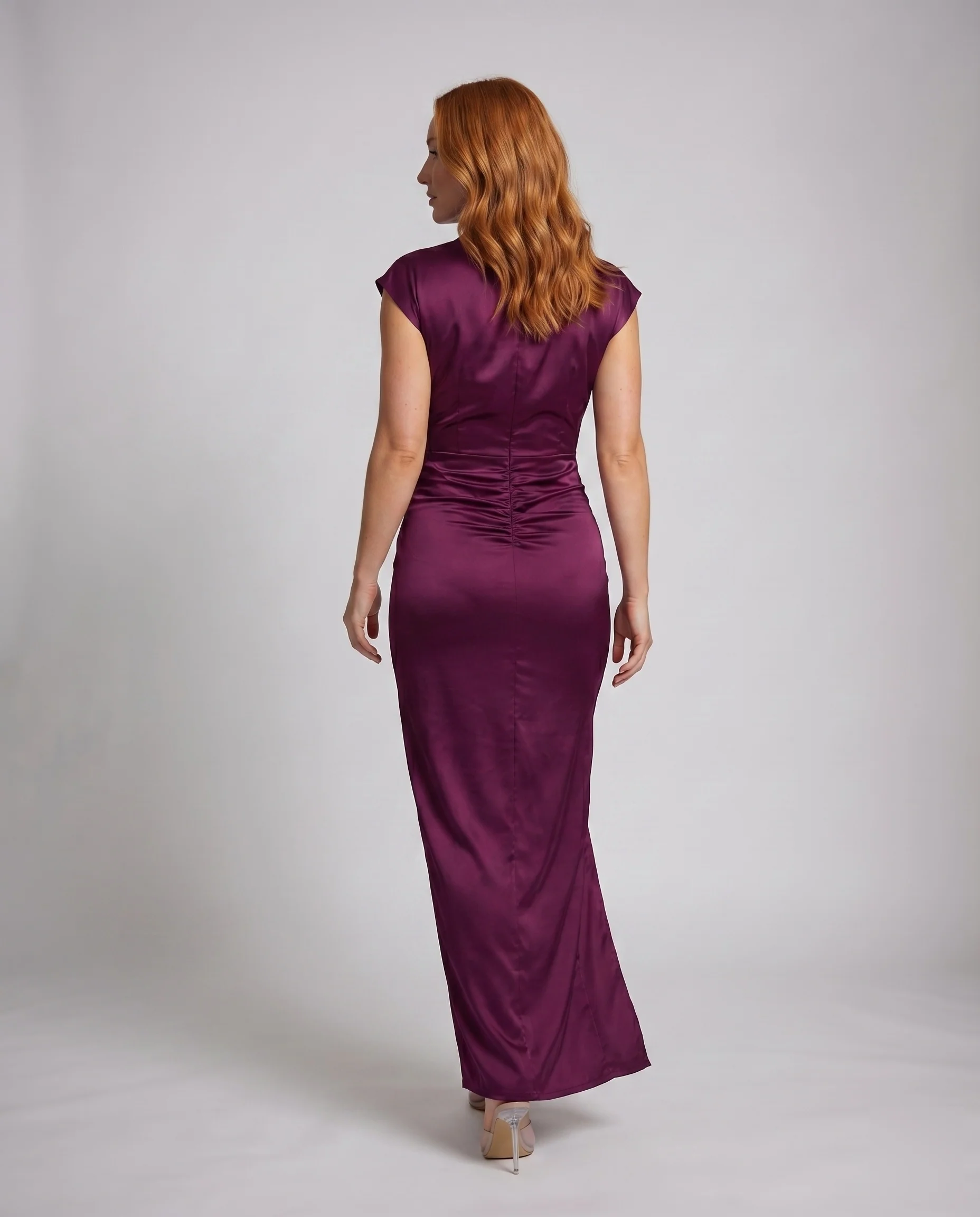 Damen Satin-Etuikleid Drapierter Rollkragen Taillenraffung Beinschlitz - Image 4