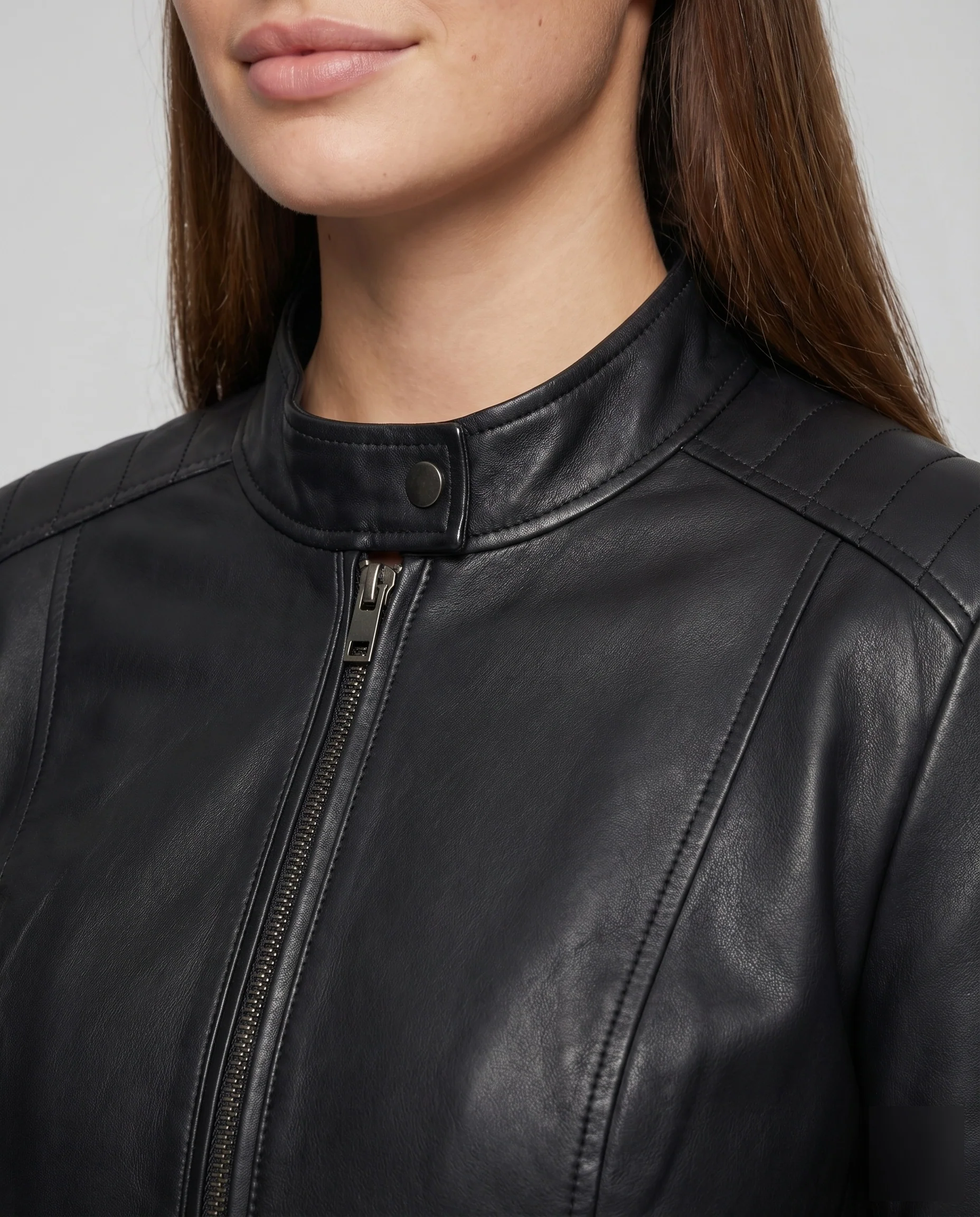 Damen Kurzjacke Vegan-Leder Stehkragen Teilungsnähte - Image 3