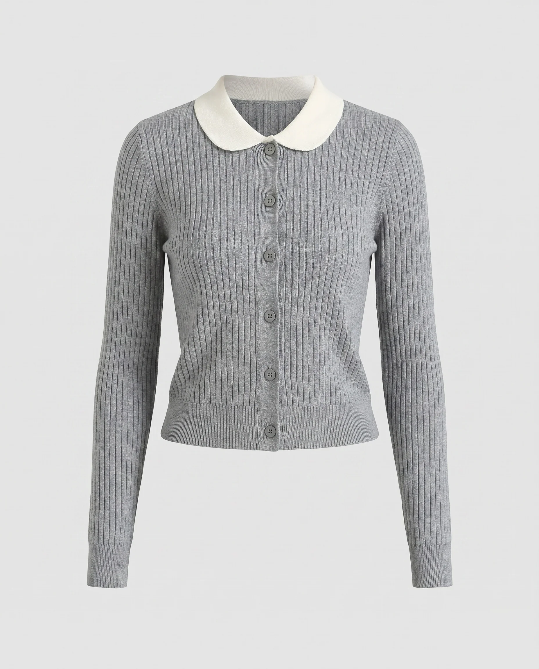 Damen nan schmal geschnittene Rippenstrickjacke mit kontrastierendem Bubikragen und formender Knopfleiste - Image 5