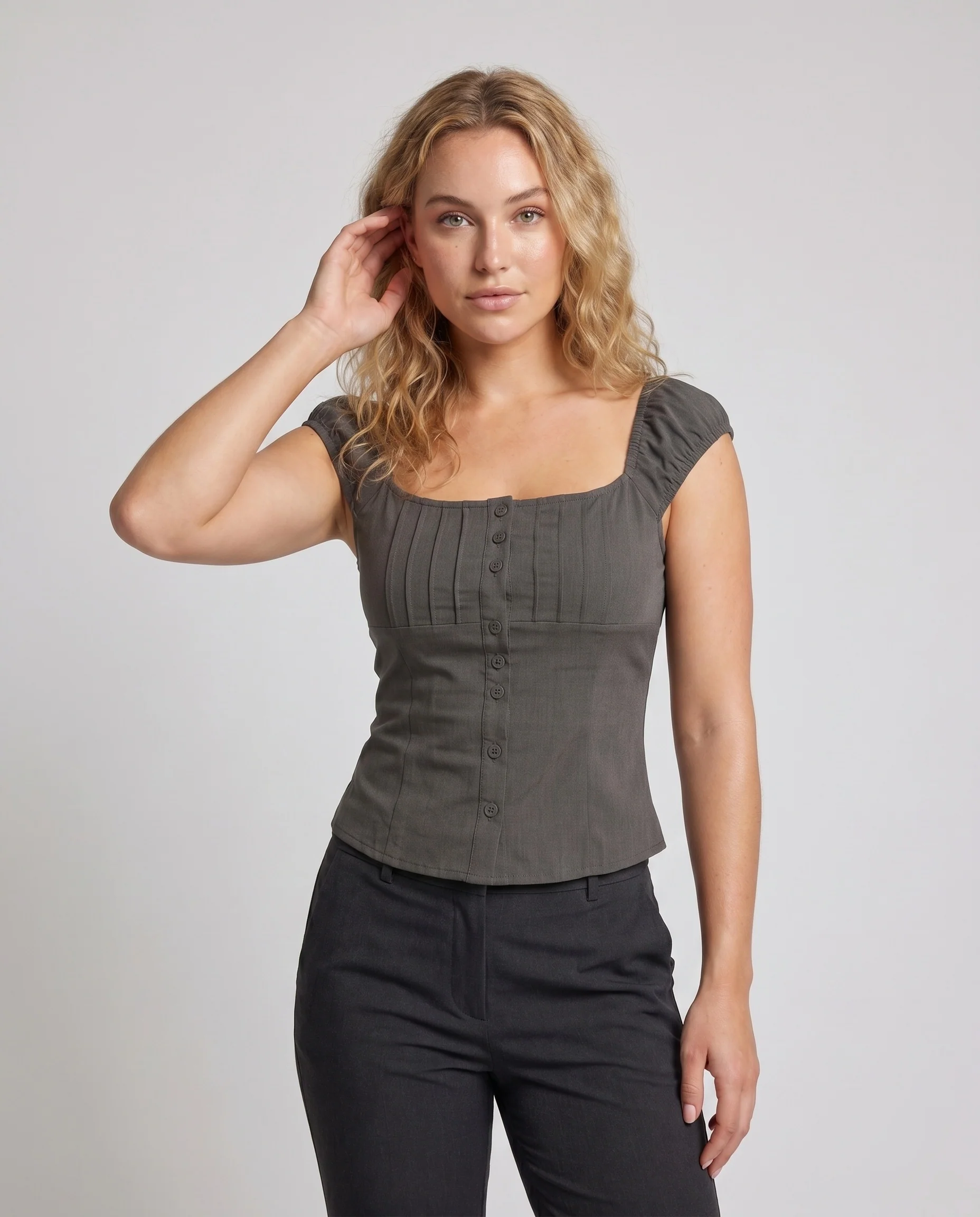 Damen nan schmal geschnittenes Korsagen-Top mit quadratischem Dekolleté, Puffärmeln und durchgehender Knopfleiste - Image 2