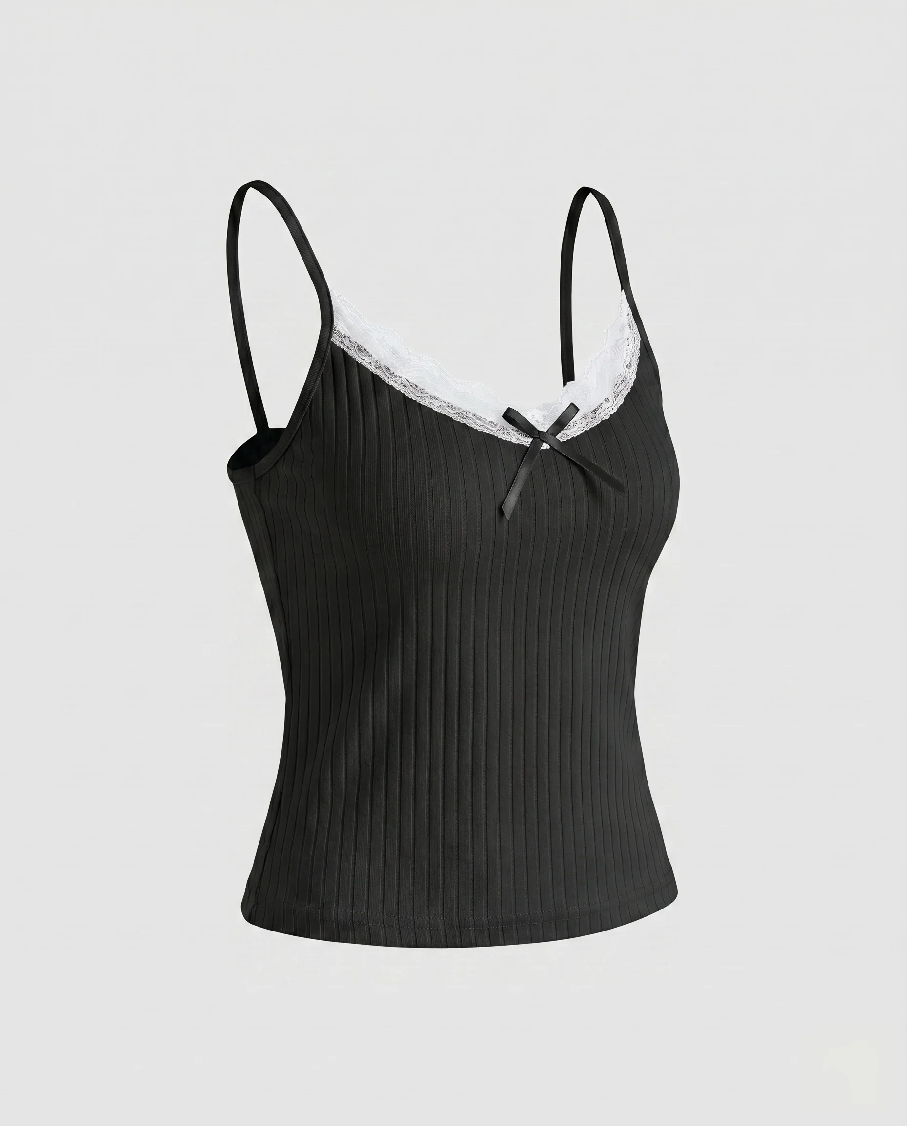 Damen nan schmal geschnittenes Ripp-Cami mit Spitzenborte, Zierschleife und formenden Teilungsnähten - Image 7