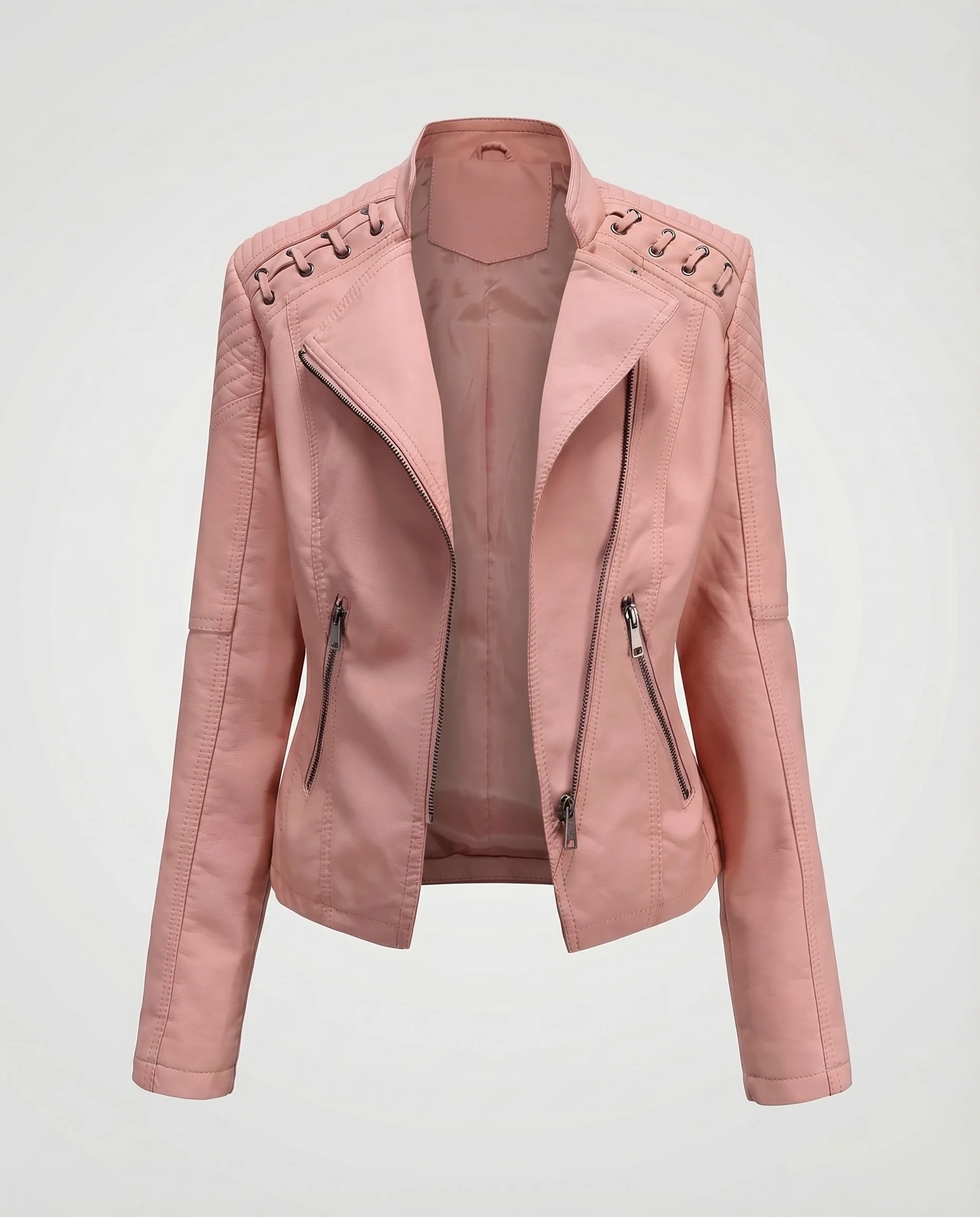 Damen Bikerjacke Kunstleder Ösenschnürung Gesteppte Passe - Image 10
