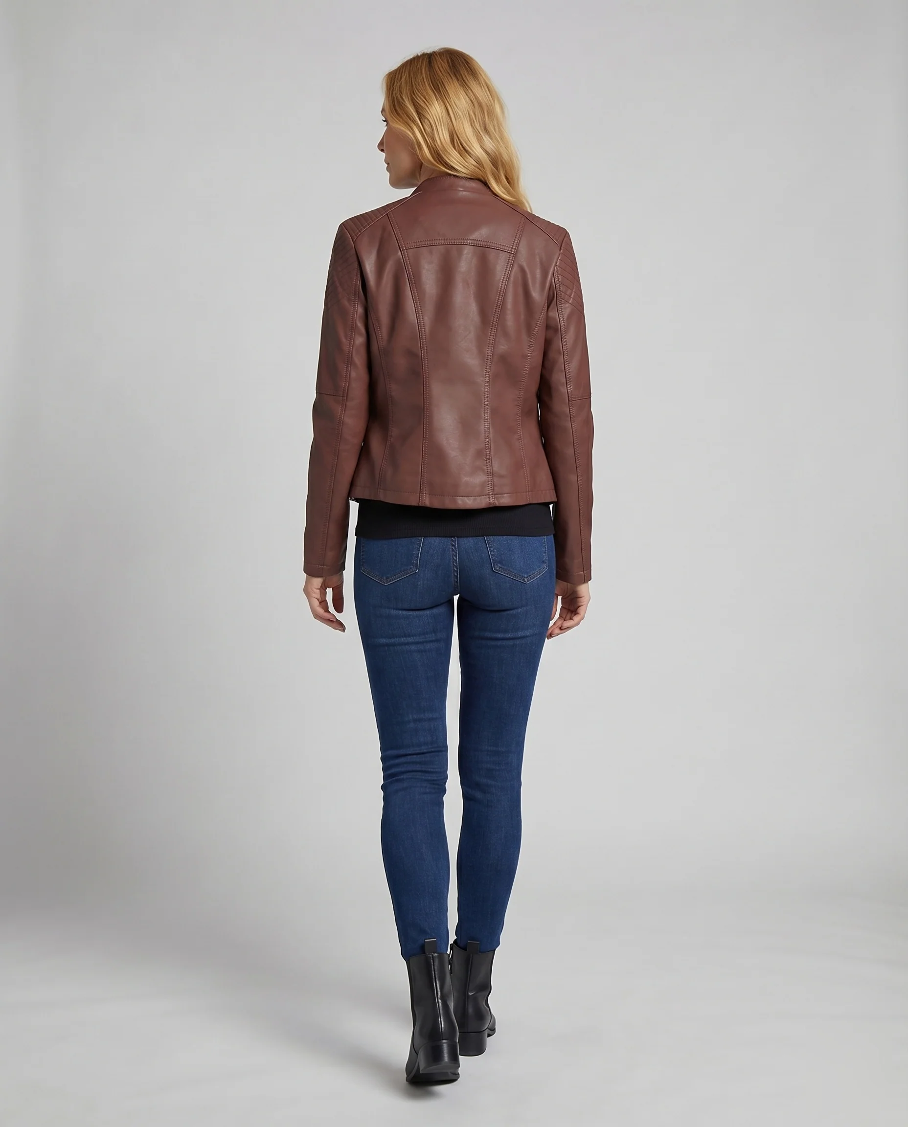 Damen Bikerjacke Kunstleder Ösenschnürung Gesteppte Passe - Image 4