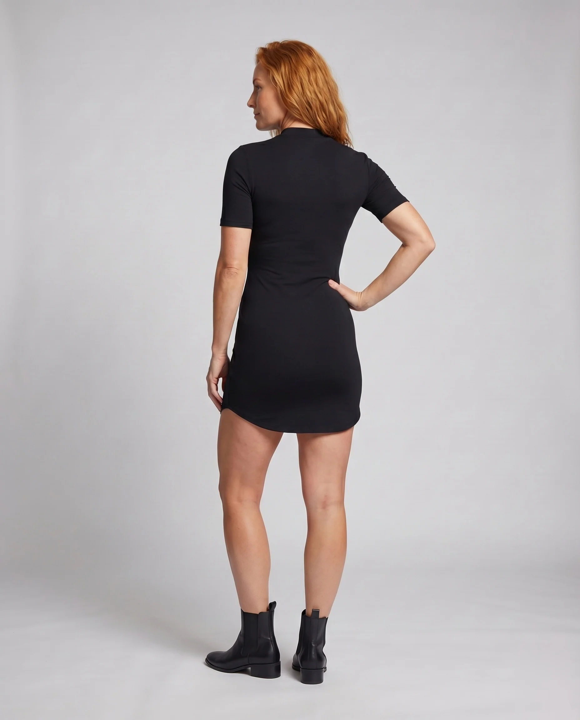 Damen Minikleid Stehkragen Asymmetrischer Rundsaum Saumschlitz - Image 3