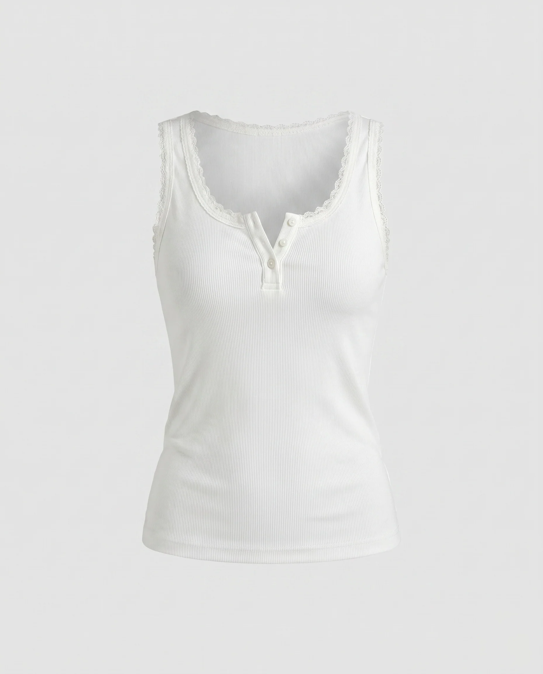 Damen nan schmales Ripp-Top mit Spitzenkante, Henley-Knopfleiste und taillierter Passform - Image 4
