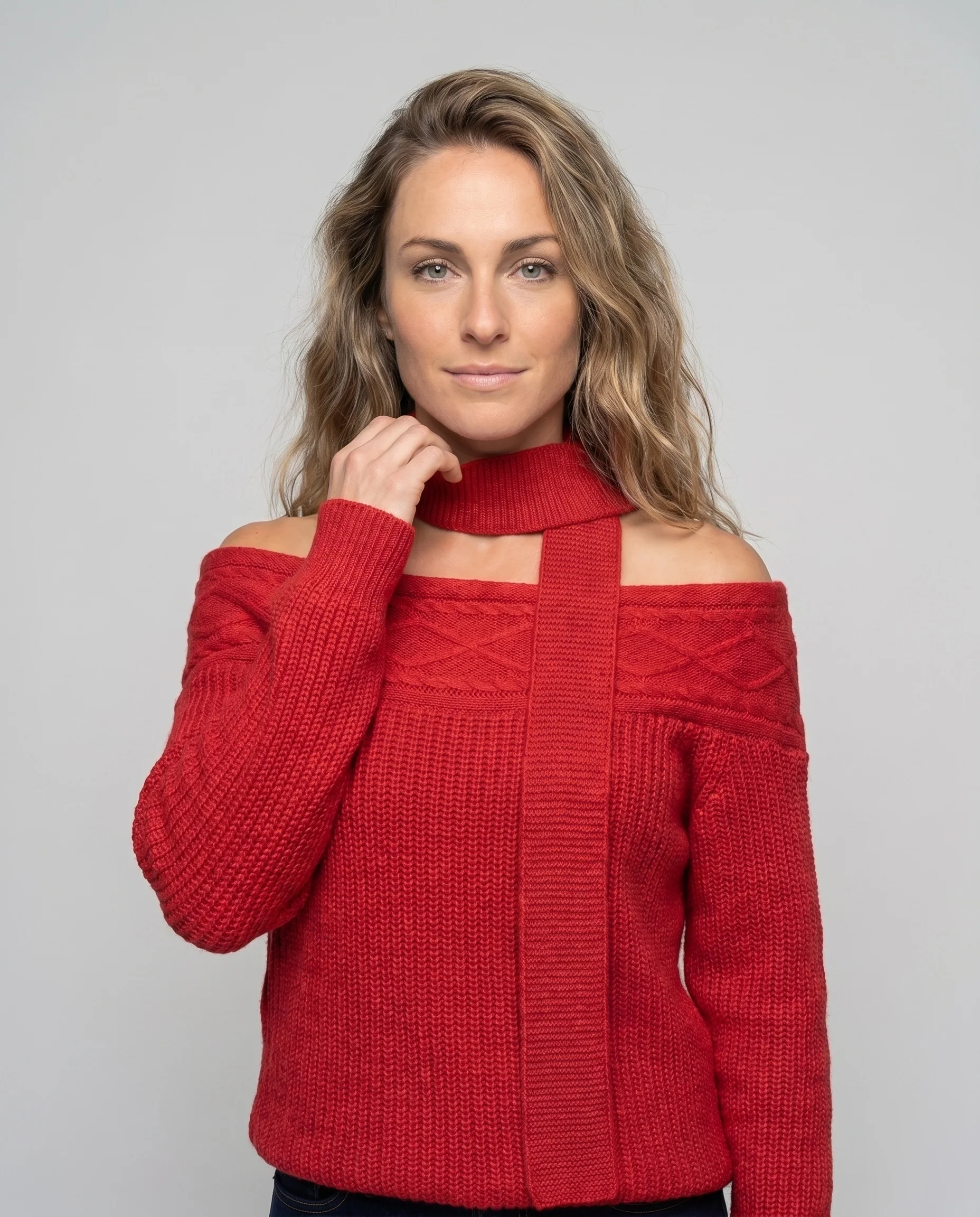 Damen nan schulterfreier Strickpullover mit integriertem Schal und Zopfmuster - Image 2