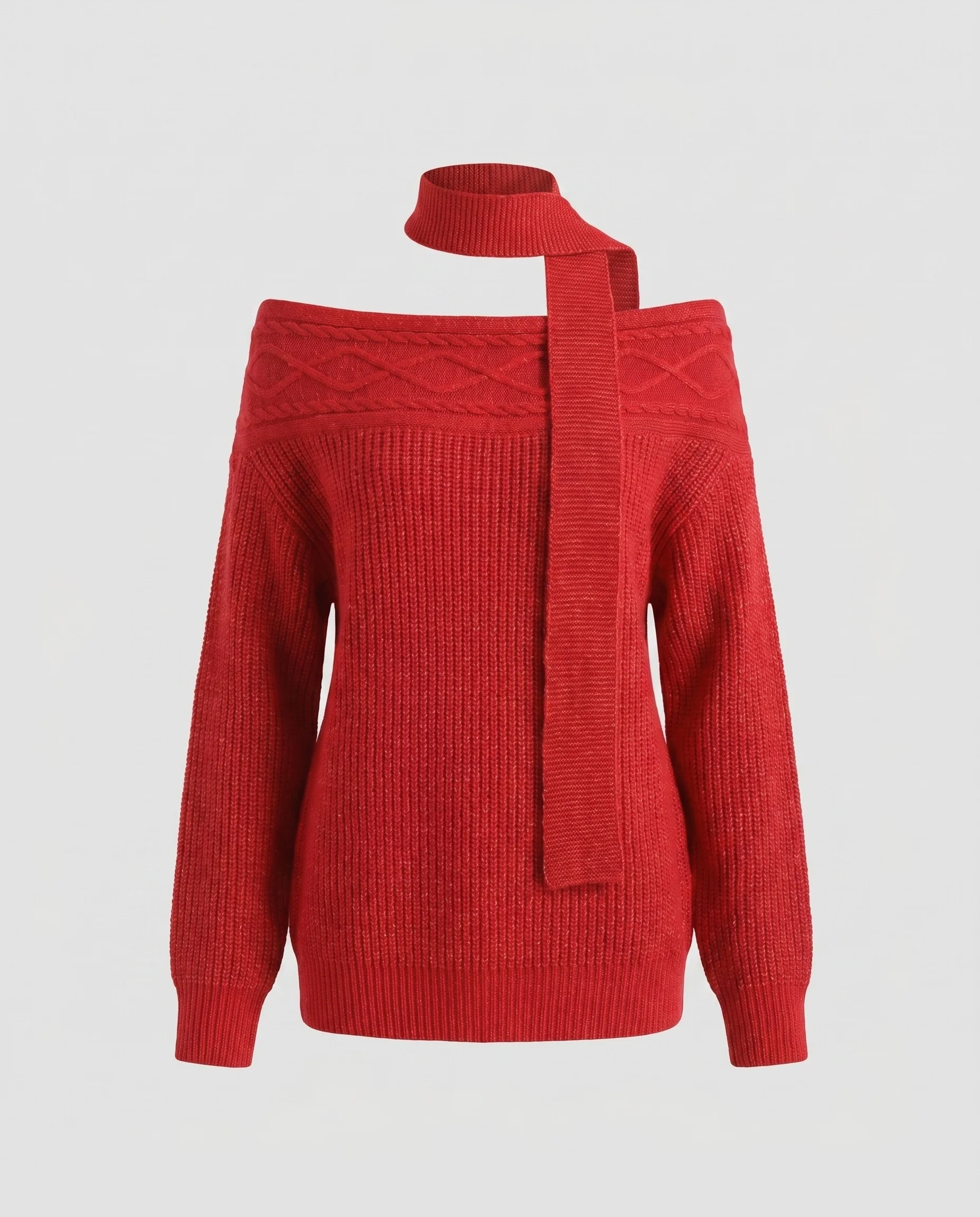 Damen nan schulterfreier Strickpullover mit integriertem Schal und Zopfmuster - Image 5