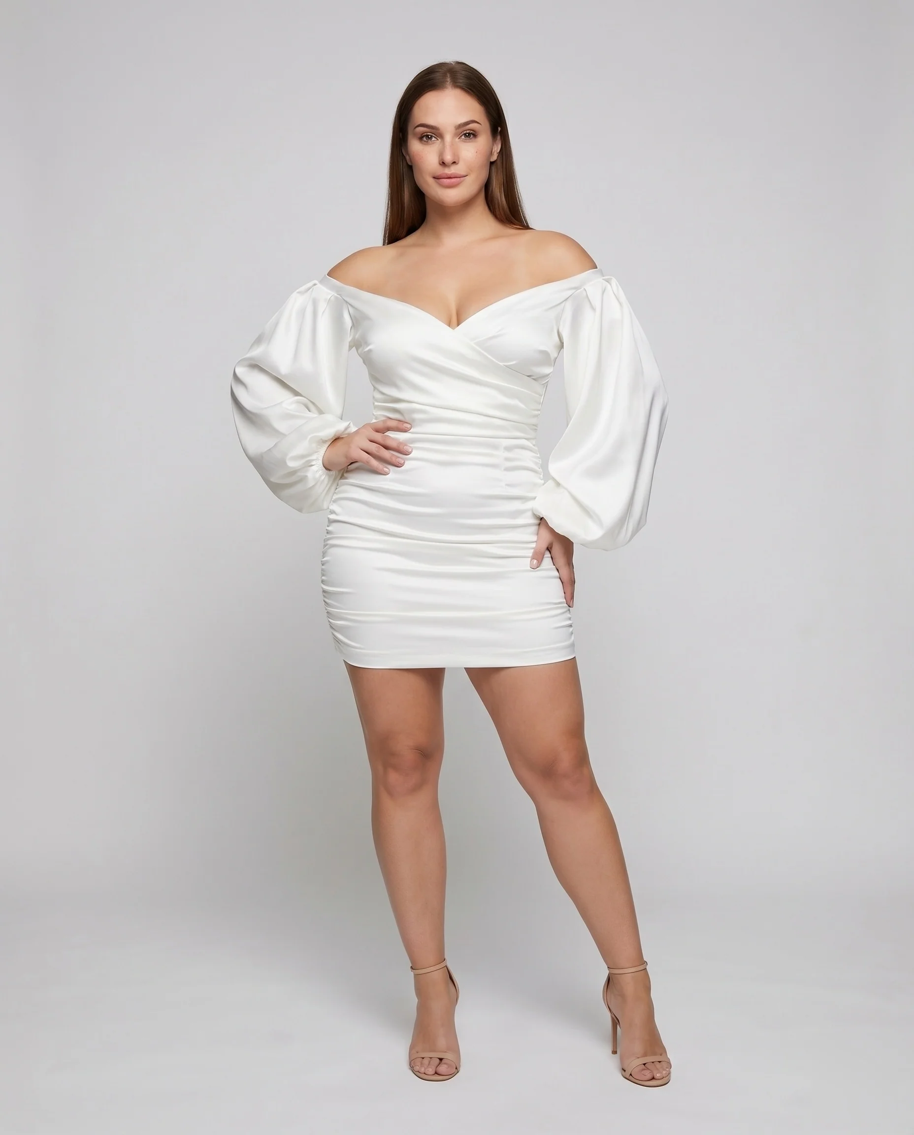 Damen Feminine Modische Ballonärmel Mischgewebe Bardot-Minikleid