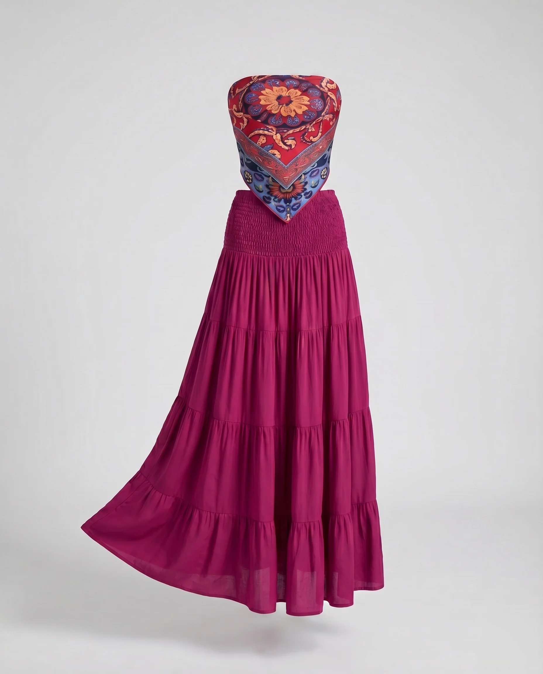 Damen Boho-Maxikleid Bandeau-Oberteil Stufenrock Schulterfrei - Image 6