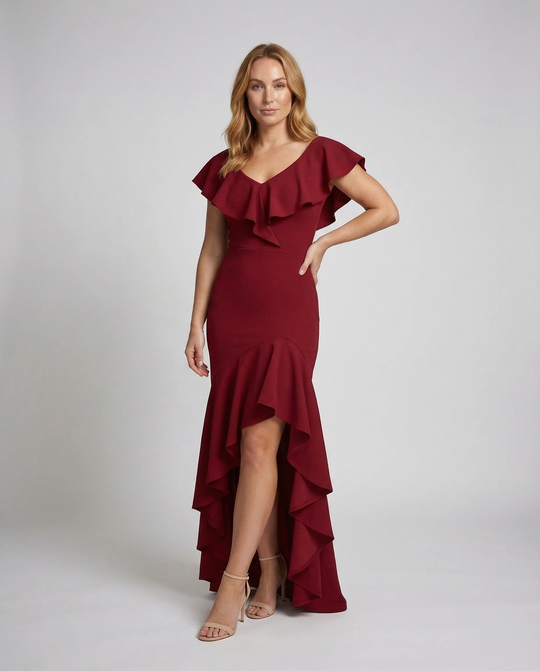 Damen Carmen-Abendkleid Mehrlagige Volants