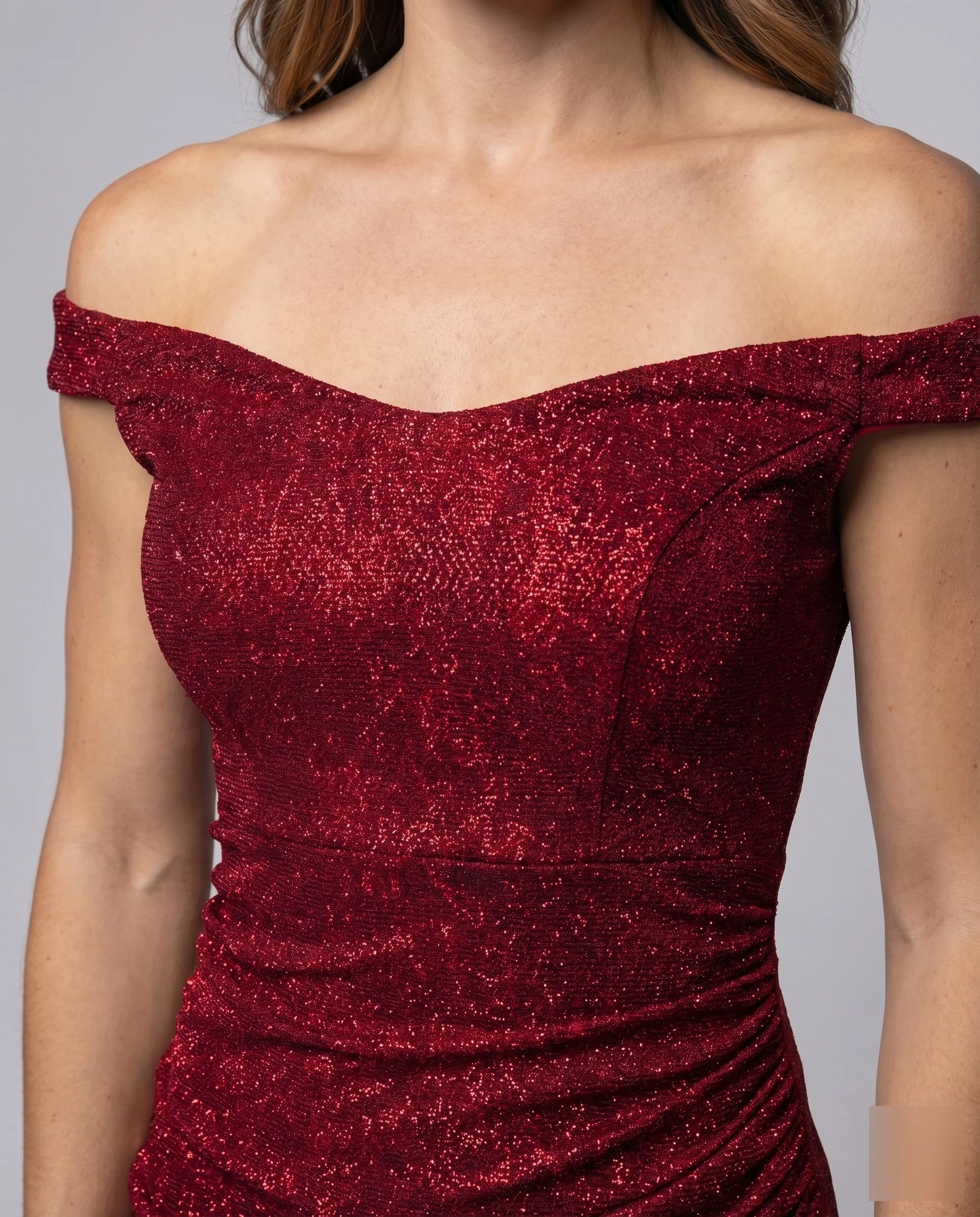 Damen Abendkleid Beinschlitz Glitzeroptik Schulterfrei - Image 3