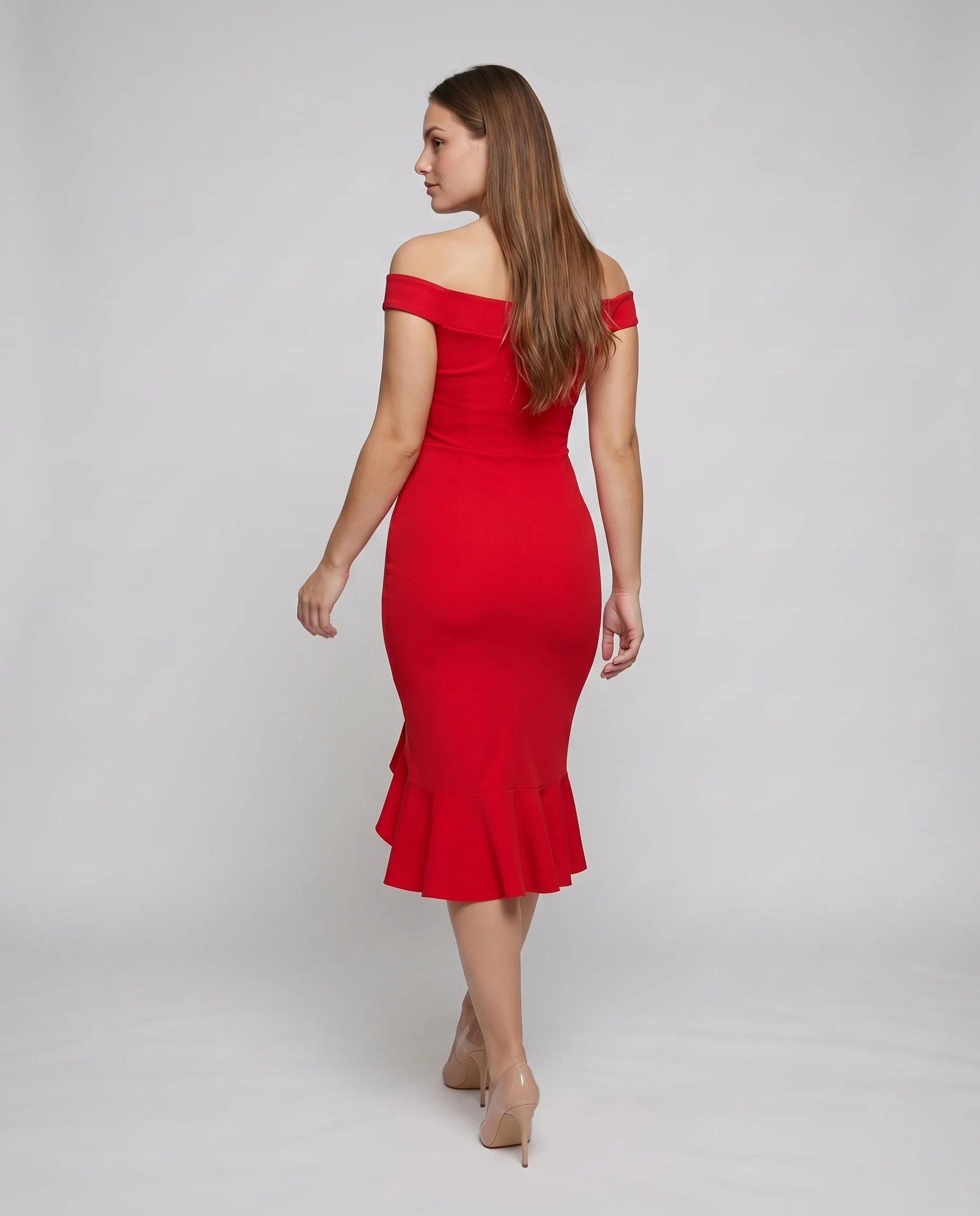 Damen Elegante Asymmetrischer Rüschen-Schlitz Mischgewebe Midikleid - Image 4