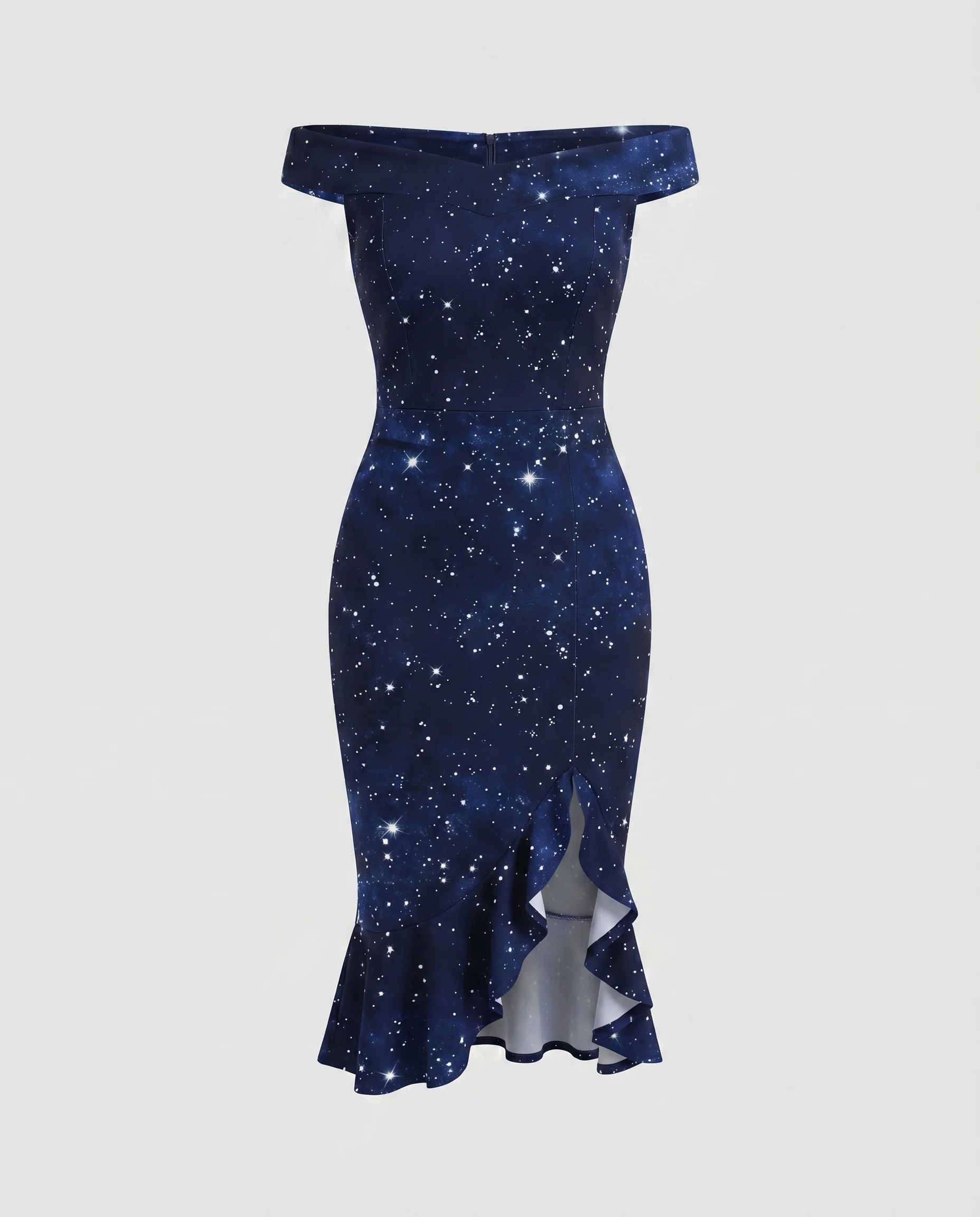 Damen Elegante Asymmetrischer Rüschen-Schlitz Mischgewebe Midikleid - Image 6