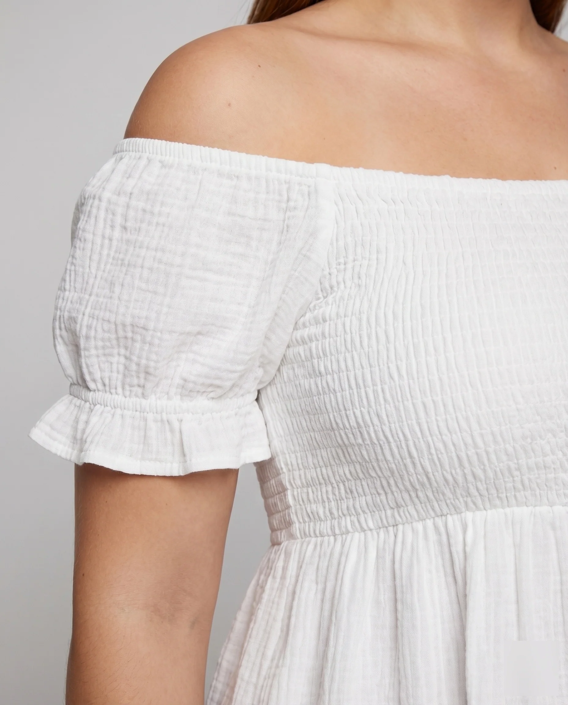 Damen Bequeme Geraffte Puffärmel Baumwollgaze Kurzkleid - Image 3