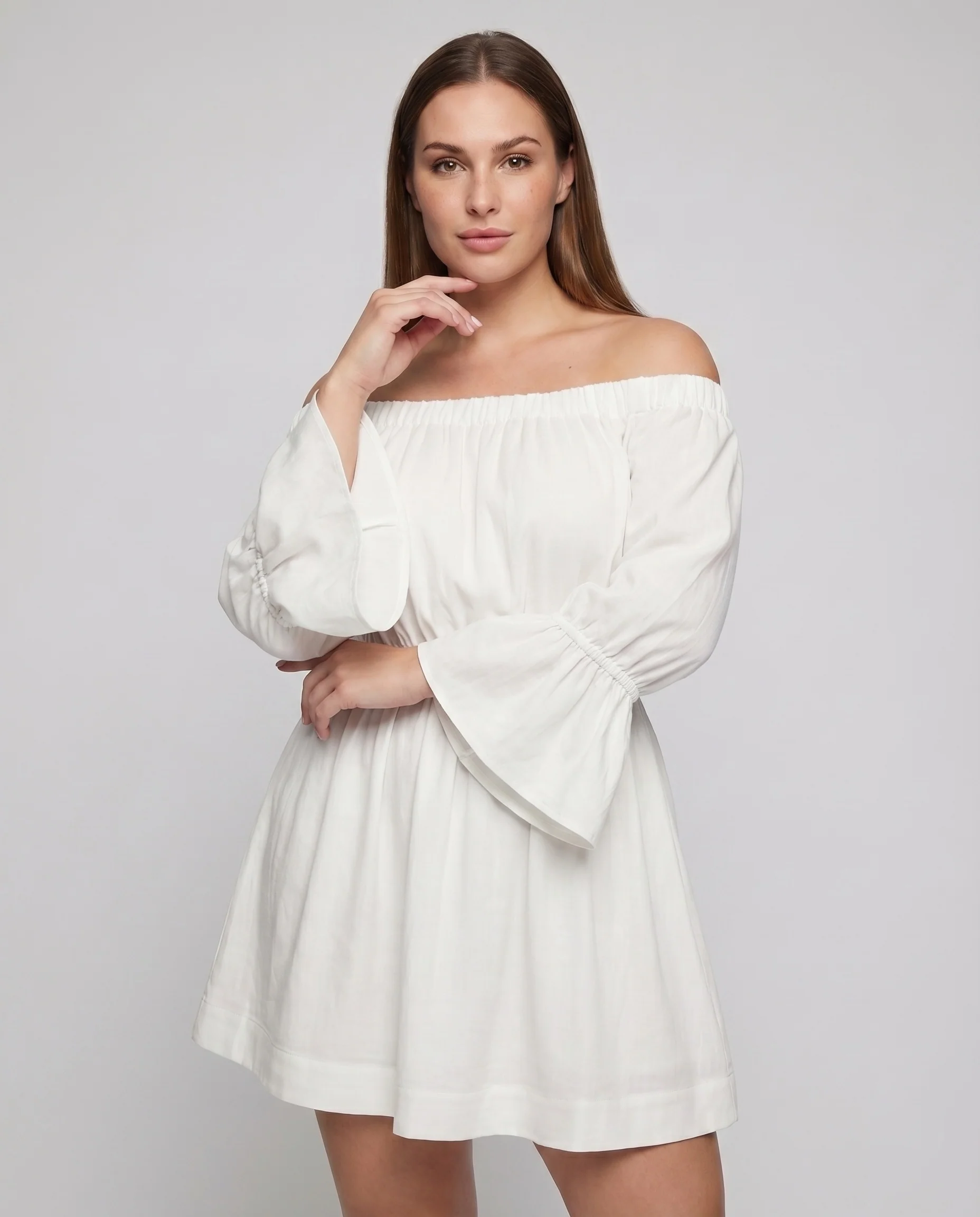 Damen Feminine Elastischer Carmen-Ausschnitt Mischgewebe Kurzkleid - Image 2