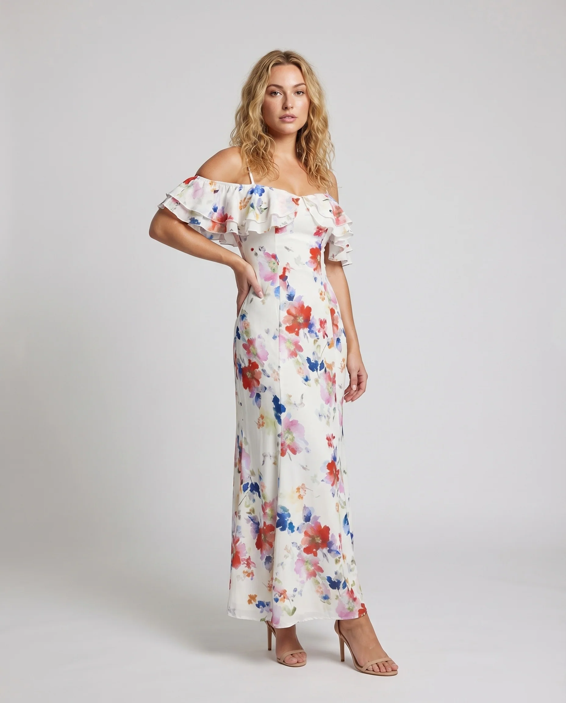 Damen Maxikleid Volantärmel Tailliertes Mieder Schulterfrei