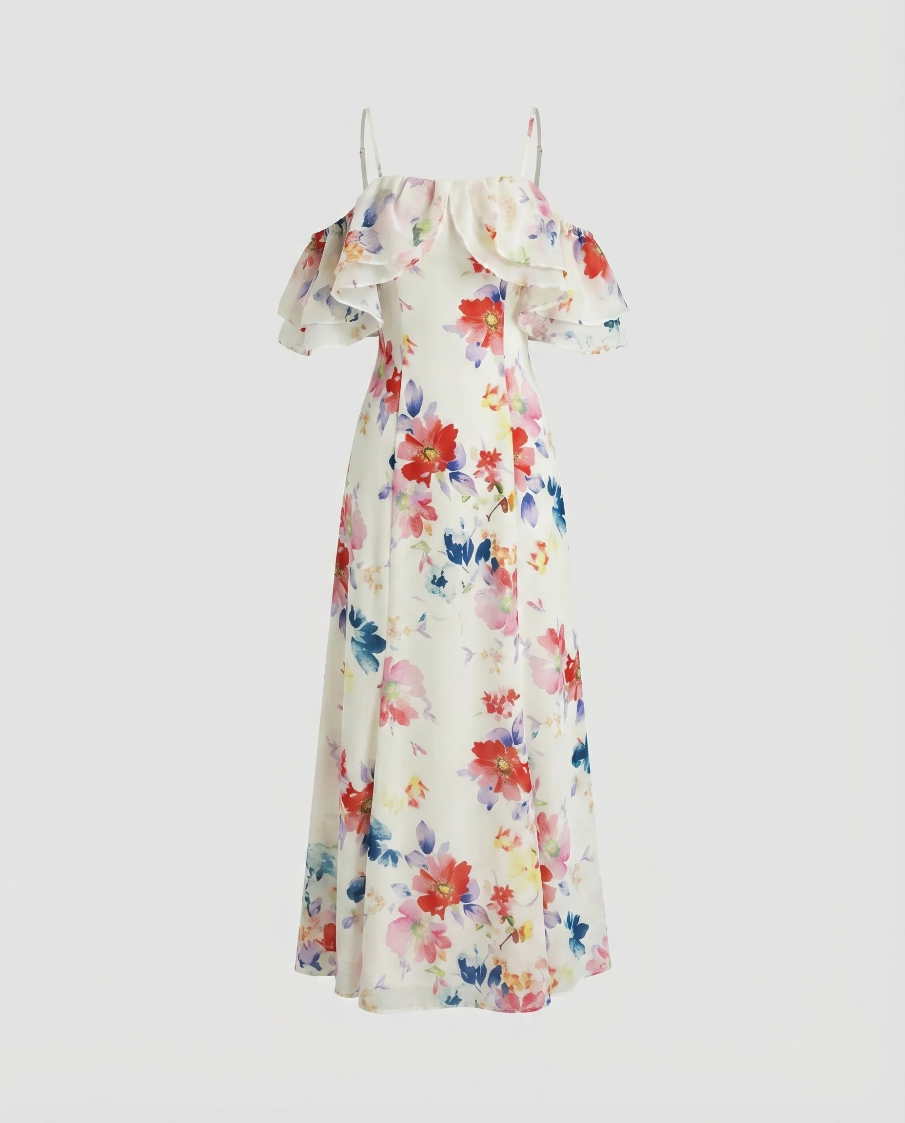 Damen Maxikleid Volantärmel Tailliertes Mieder Schulterfrei - Image 5