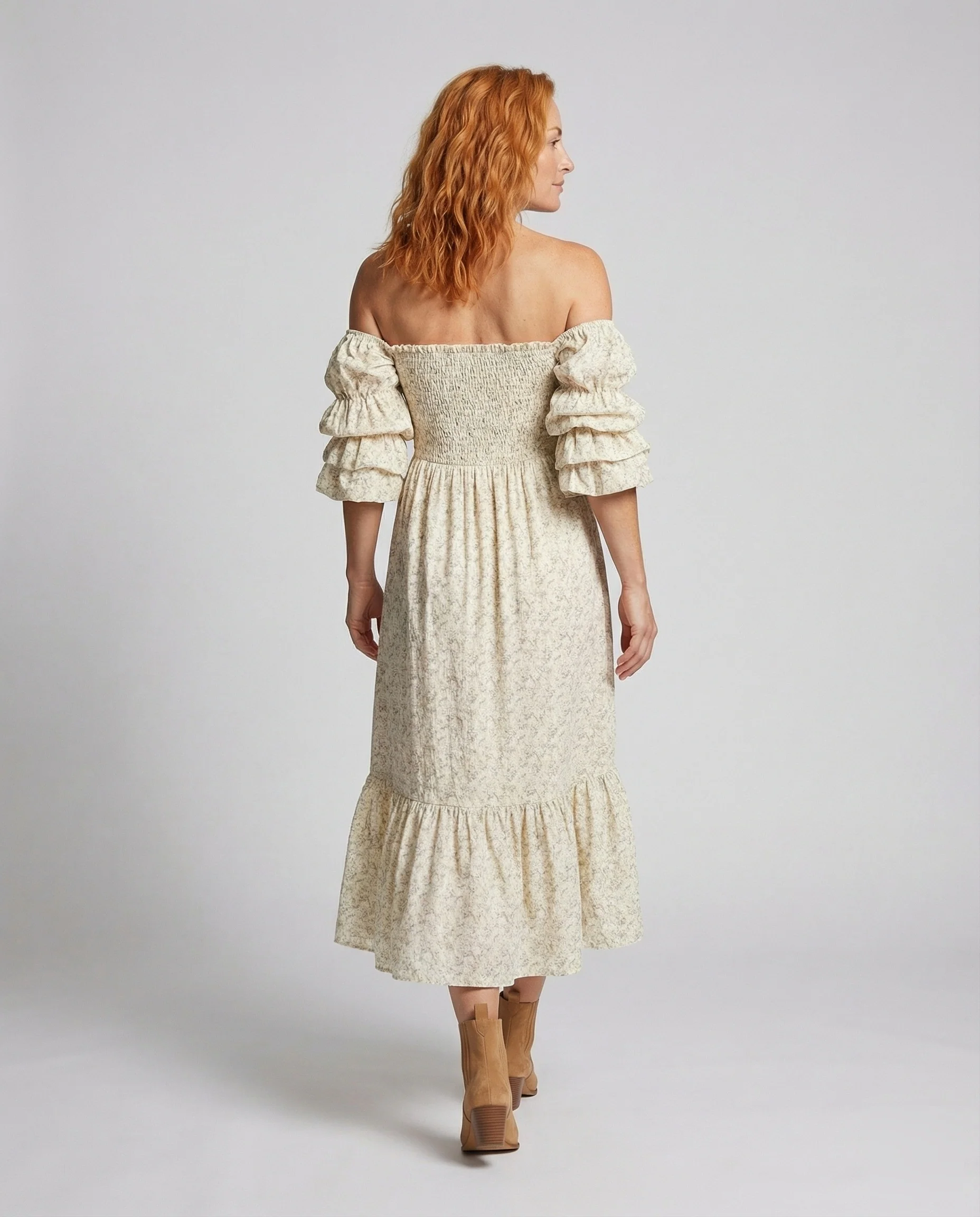 Damen schulterfreies Maxikleid mit Stufenvolant - Image 4