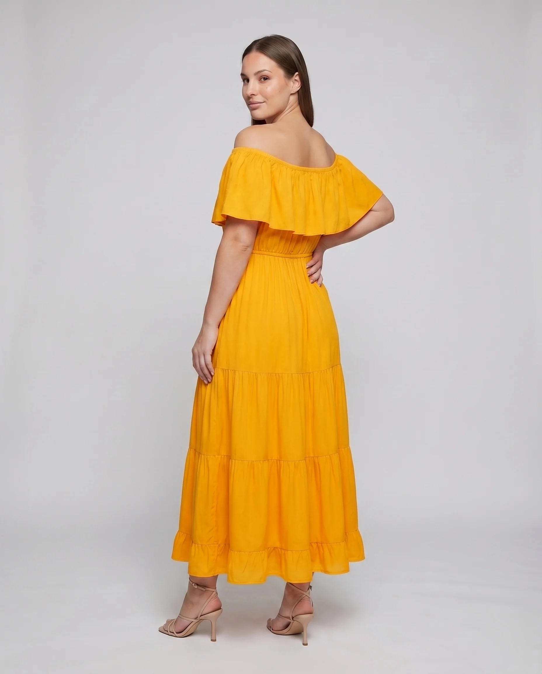 Damen Maxikleid Volantkragen Stufenweiser Rock Schulterfrei - Image 4