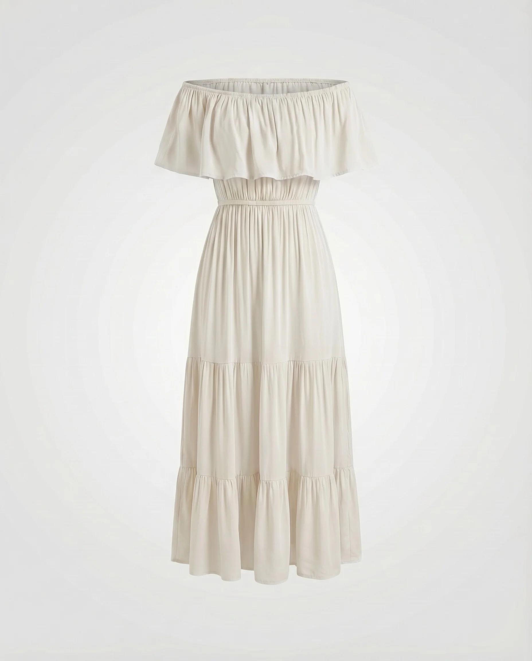Damen Maxikleid Volantkragen Stufenweiser Rock Schulterfrei - Image 6