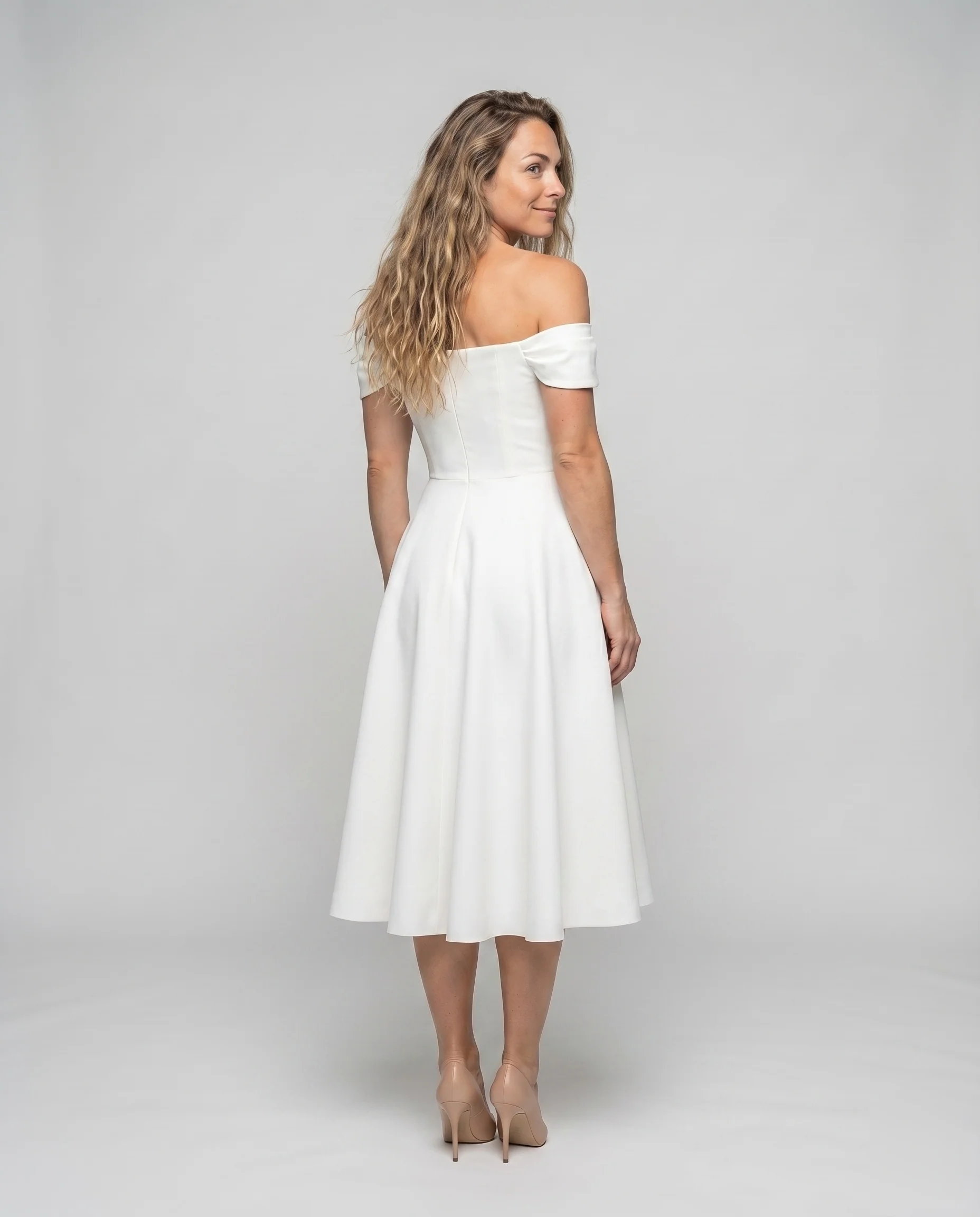 Damen Off-Shoulder Midikleid Mieder Tellerrock - Image 4