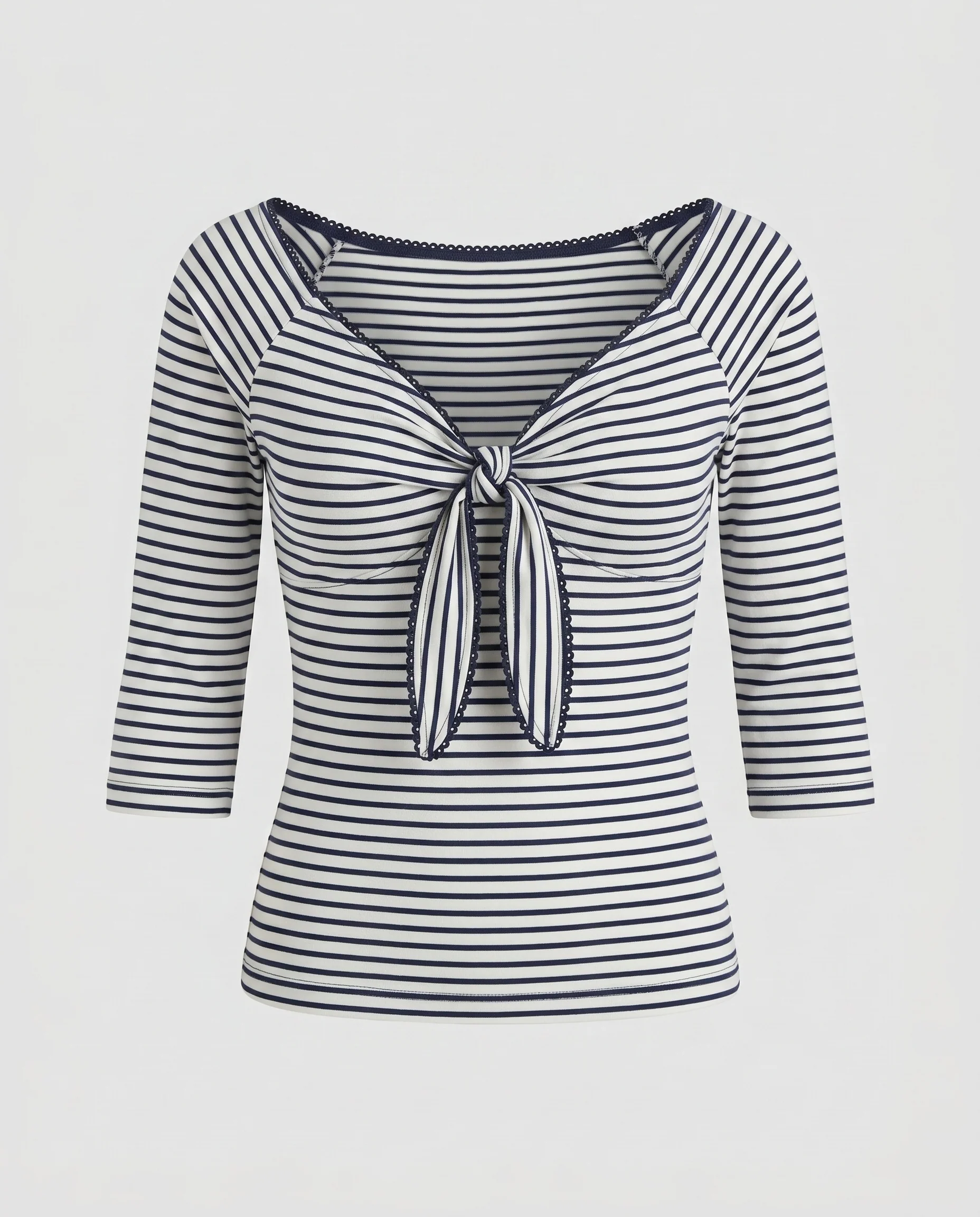 Damen nan schulterfreies Ringelshirt mit vorderer Bindeschleife, Dreiviertelärmeln und Spitzenkante - Image 5