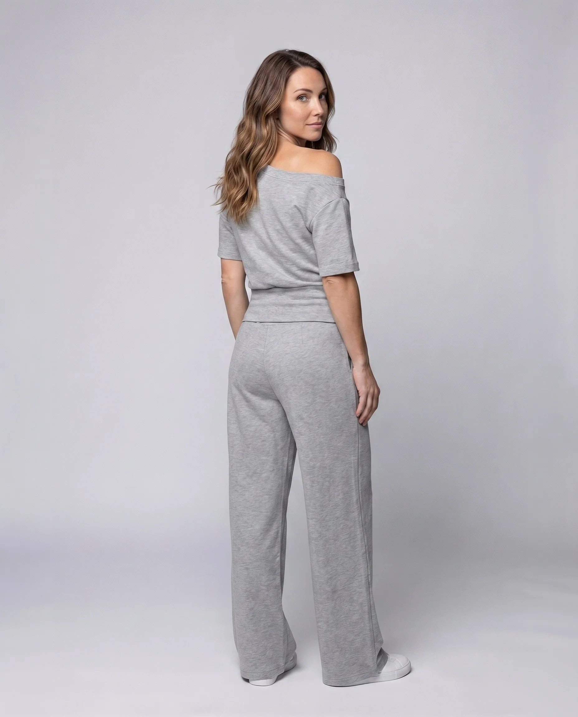 Damen Sweat-Set Schulterfrei Hoher Bund Seitentaschen - Image 3