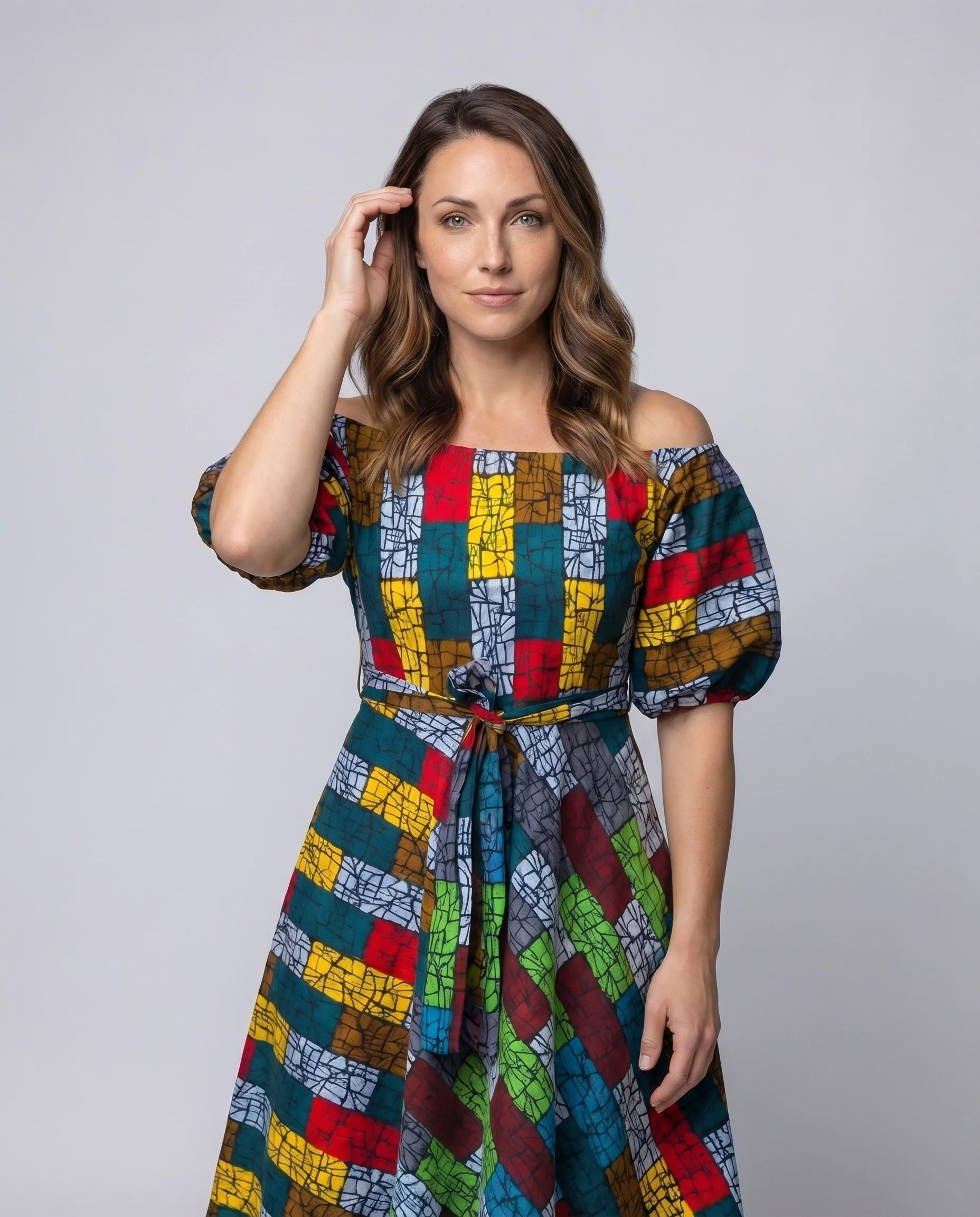 Damen Wachsdruck-Kleid Puffärmel Bindegürtel A-Linie - Image 2