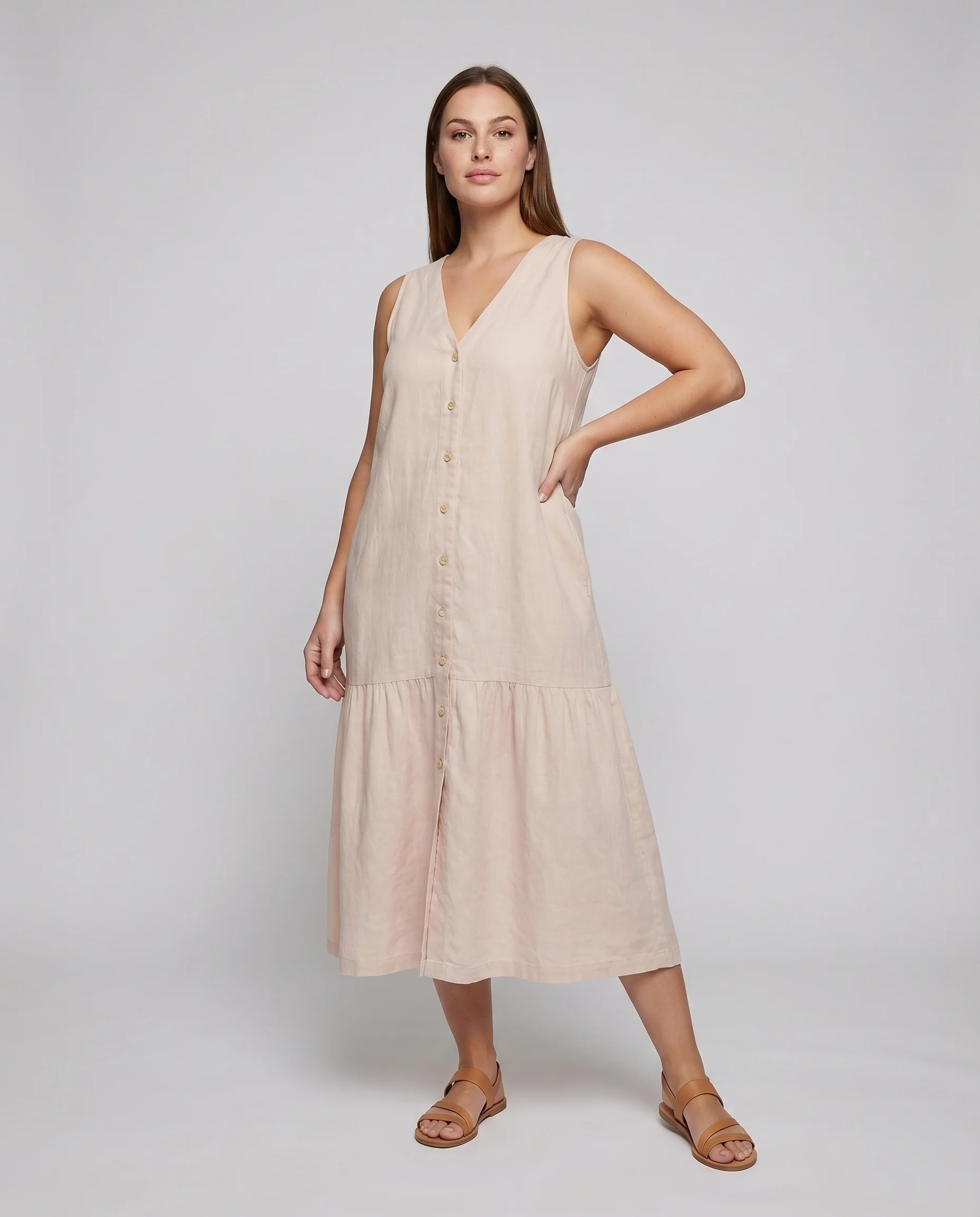 Damen Rustikale Praktische Seitentaschen Leinenoptik Midikleid