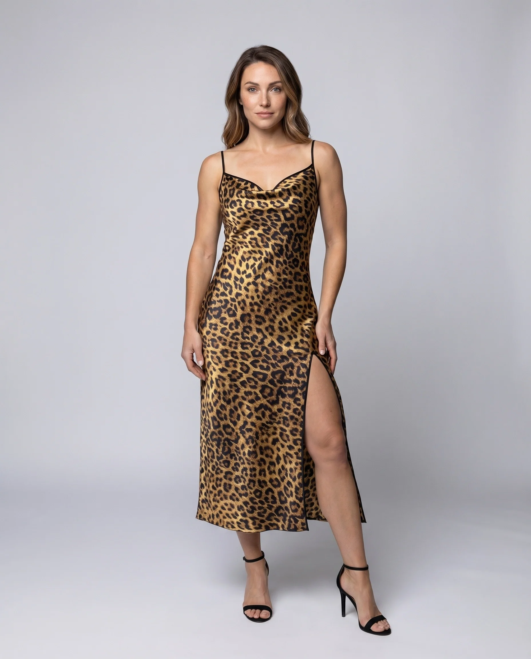 Damen Satin-Midikleid Wasserfall-Ausschnitt Beinschlitz Spaghettiträger
